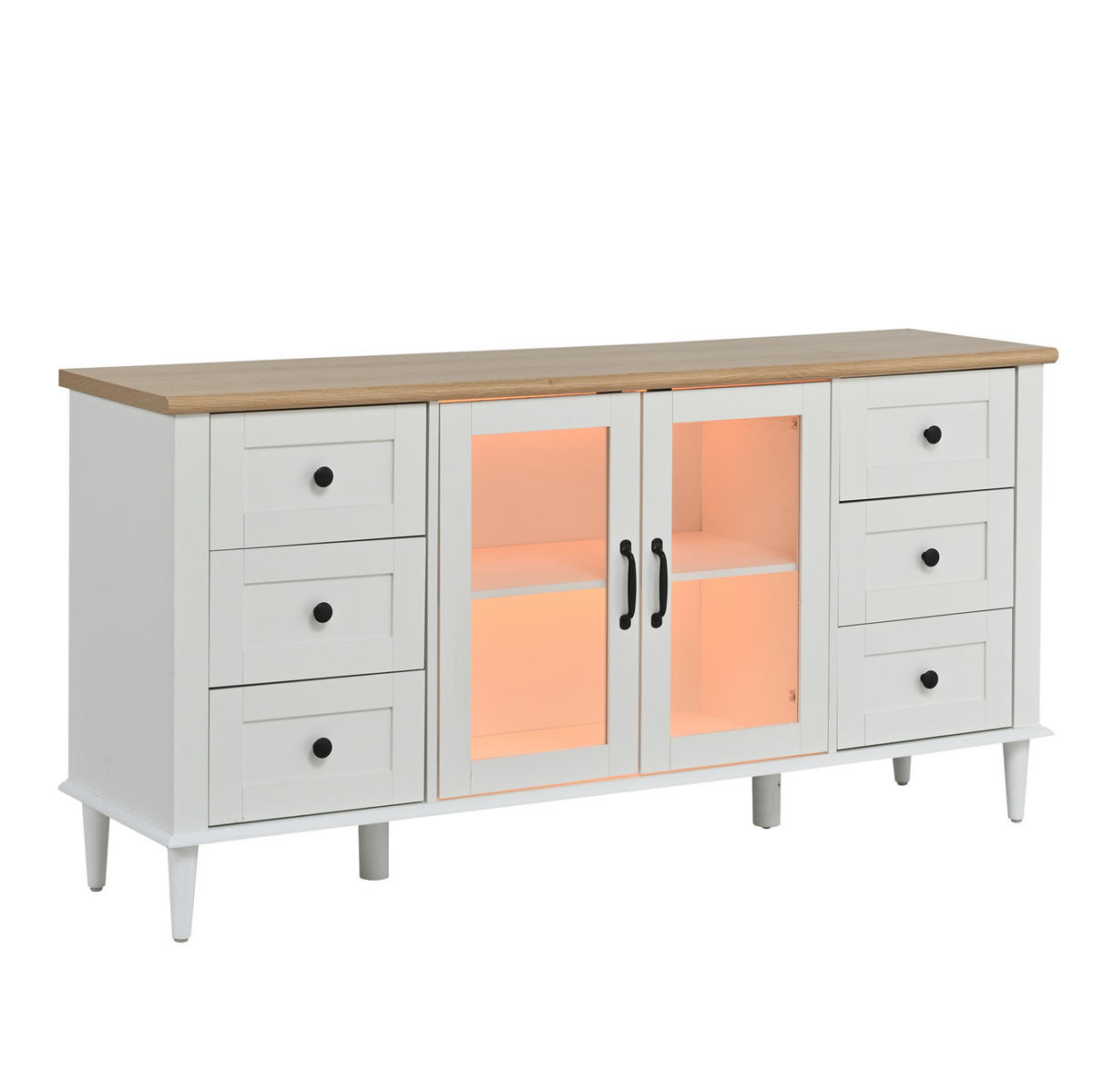 KOMODA 150/40/75 cm biela a v dekore dreva z MDF s LED osvetlením, 6 zásuvkami a akrylovými dvierkami - biela, kompozitné drevo (150/75/40cm) - OKWISH