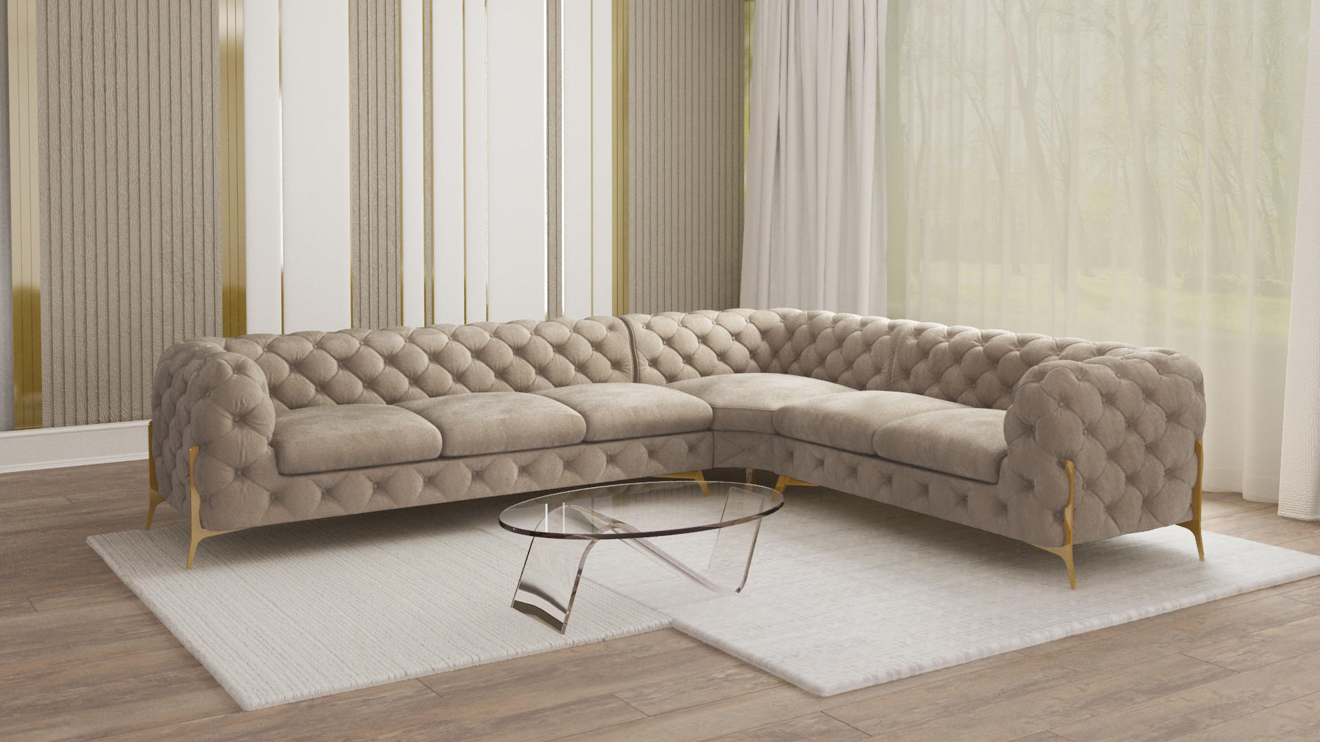 ECKSOFA Chesterfield Lexi Dunkle Creme Samt, langer Schenkel links - Goldfarben/Creme, Holz/Textil (323/264cm) - S-Style Möbel