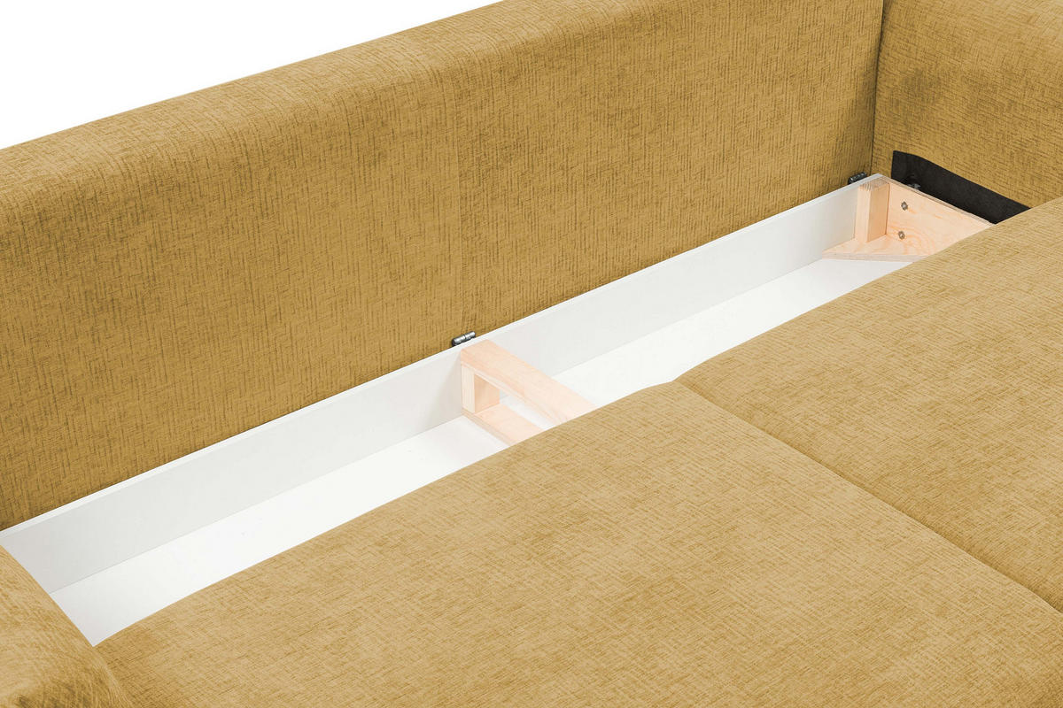 SOFA ADEL - Schlaffunktion Und Bettkasten, Wellenfederung, PUR-Schaum, Schwarze Metallfüße lose Rückenkissen, freistehend, 240x108x75 cm Gold - Goldfarben, Holz/Textil (240/75/108cm) - DomoHome