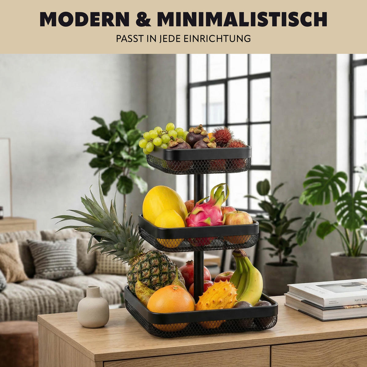 OBSTETAGERE eckig, 3-stöckig, 20 x 20 cm, 25 x 25 cm und 30 x 30 cm, schwarz, Metall - Schwarz, Metall (30/42cm) - eluno