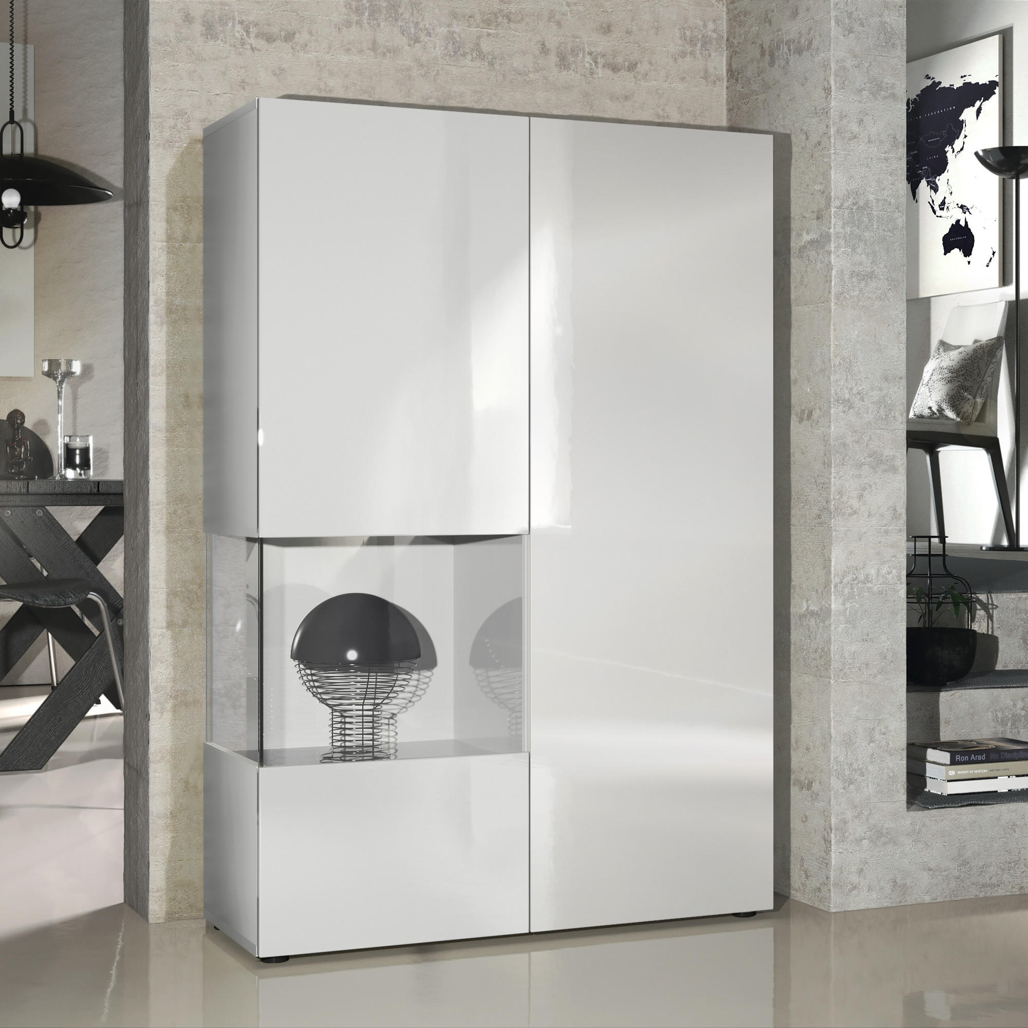 VITRINE Morena Tür und Einsatz in Weiß Hochglanz - Weiß Hochglanz, Holzwerkstoff (91.5/136.5/37cm) - Vladon