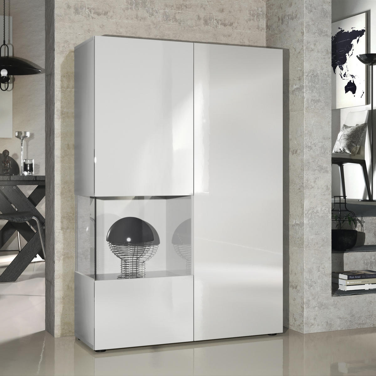VITRINE Morena Tür und Einsatz in Weiß Hochglanz - Weiß Hochglanz, Holzwerkstoff (91.5/136.5/37cm) - Vladon