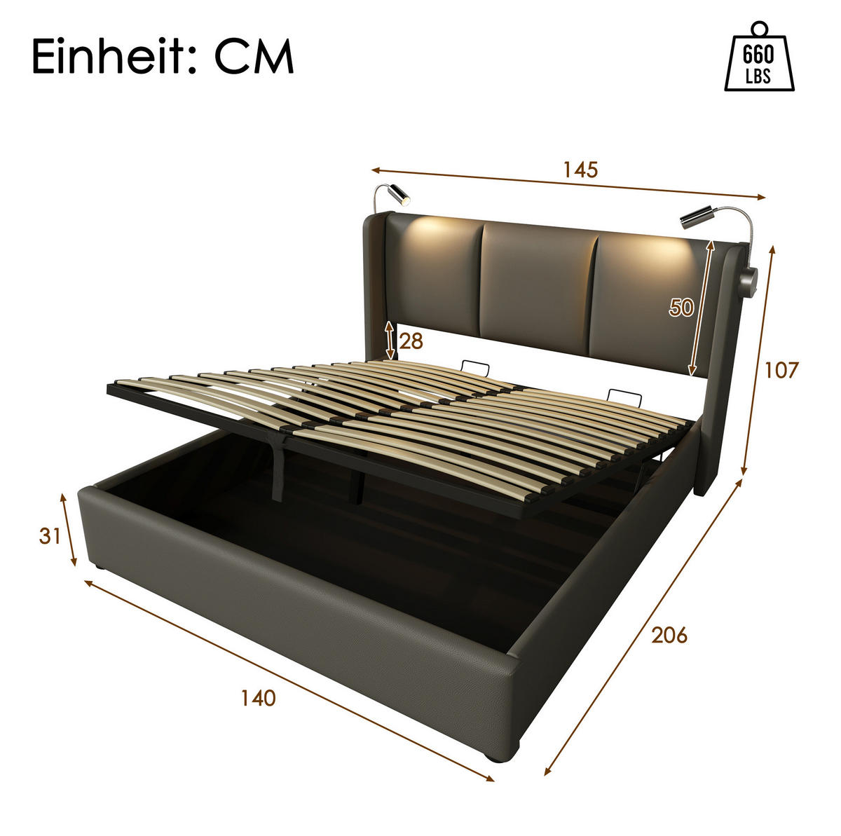 POLSTERBETT mit Bettkasten 140x200 cm PU Grau mit Leselicht & USB - Grau, Metall (140/200cm) - Meubliv