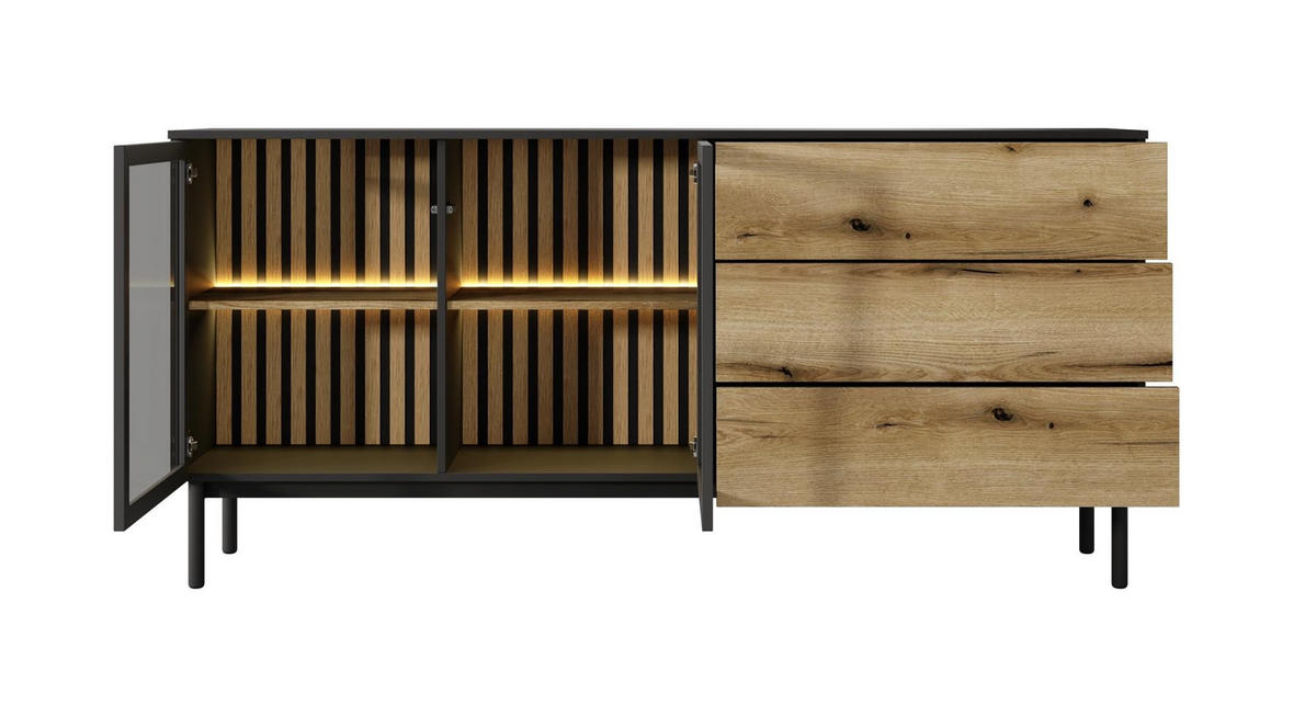 KOMMODE Lango 180 Schwarz mit Eiche Evoke, Kombikommoden mit Led-Beleuchtung - Hellbraun/Schwarz, Glas/Holzwerkstoff (180/85/39cm) - Bettso