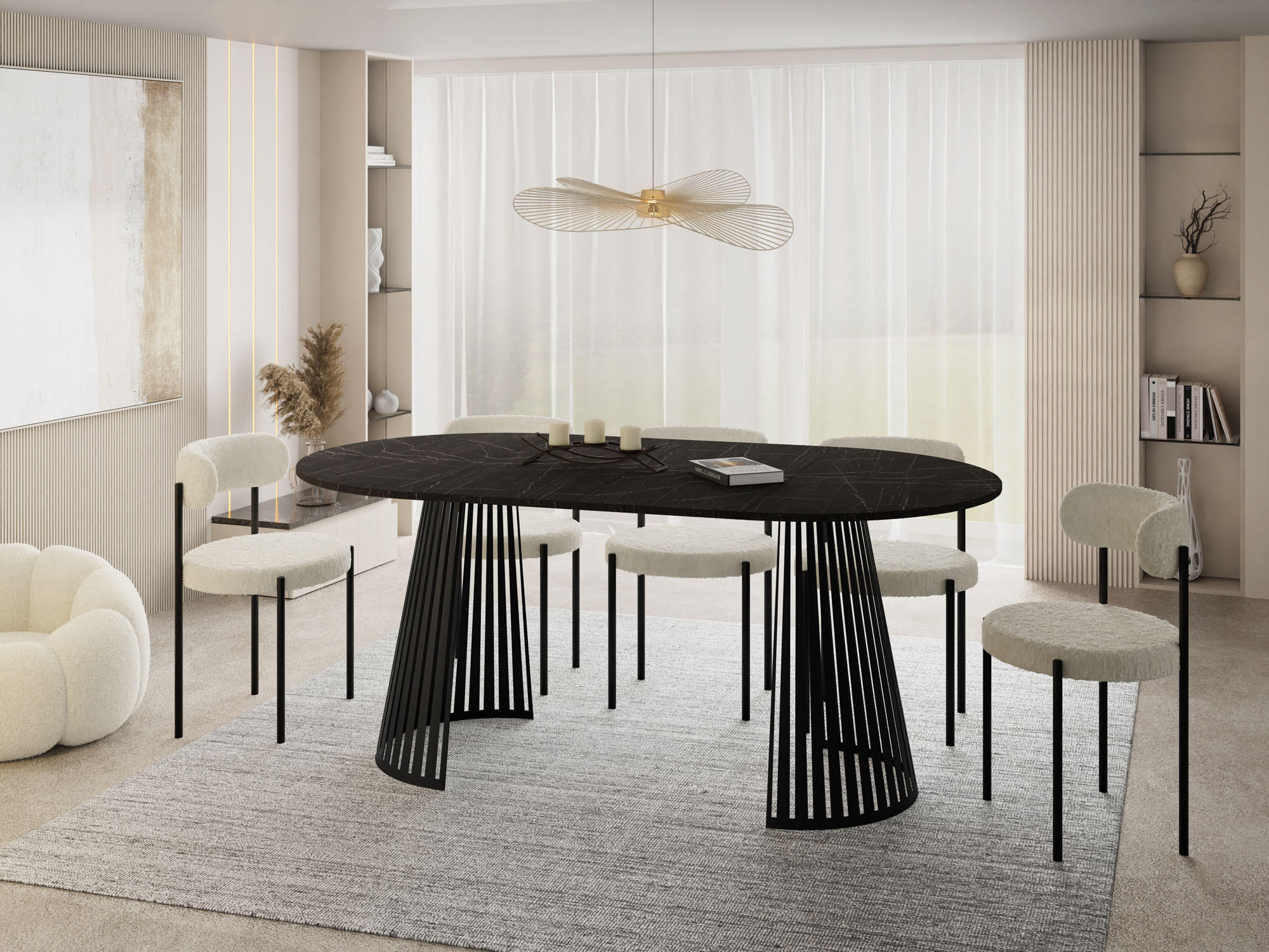 ESSTISCH Naro runder ausziehbarer, Marmor Schwarz 120-200/120/76 cm - Anthrazit/Schwarz, Holzwerkstoff/Metall (120/120/76cm) - WFL GROUP