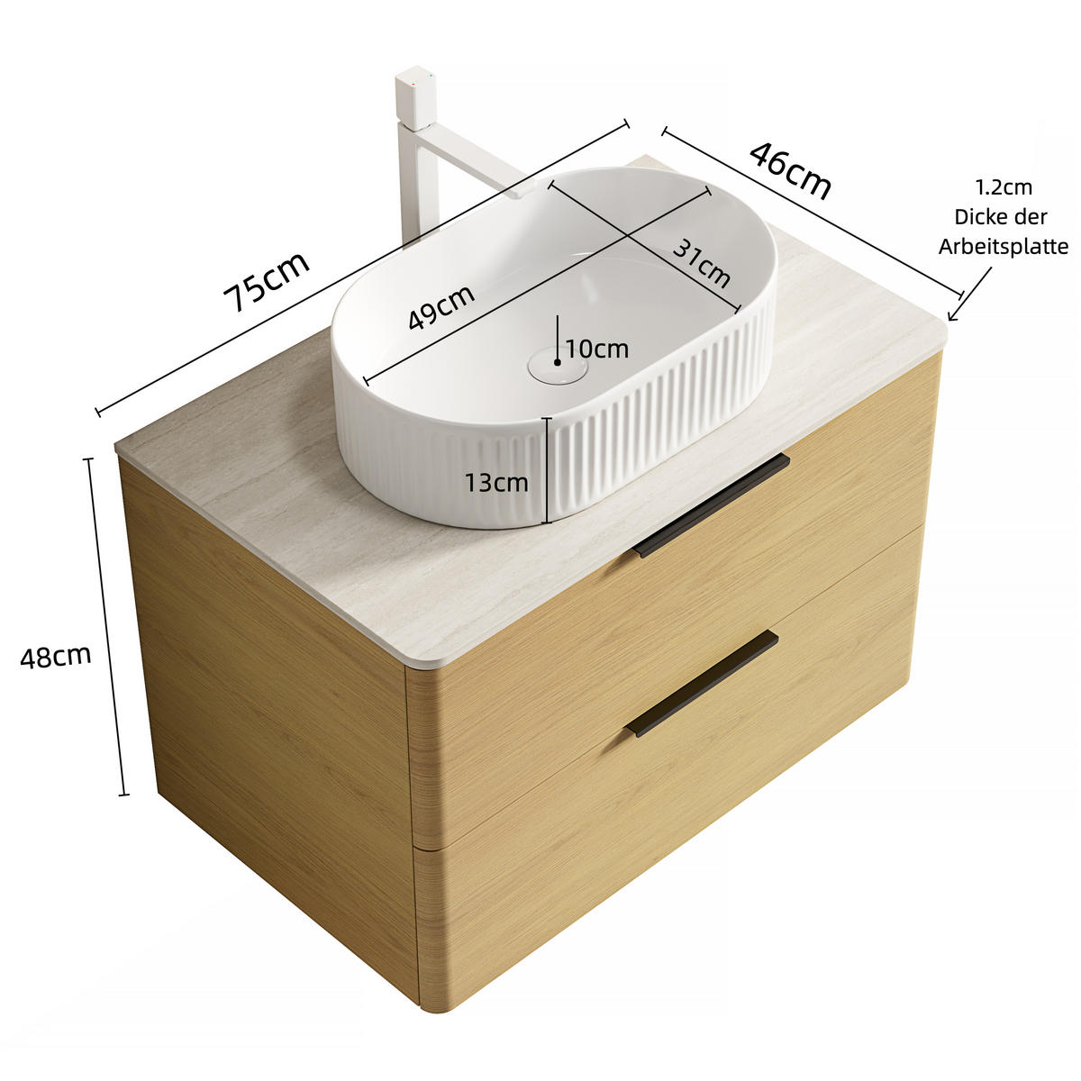 WASCHTISCHUNTERSCHRANK 75x46x62.2cm Beige/Eiche/Weiß mit ovalem Keramikbecken & Travertin-Arbeitsplatte - Eichefarben, Keramik (75/62.2/46cm) - Modfu