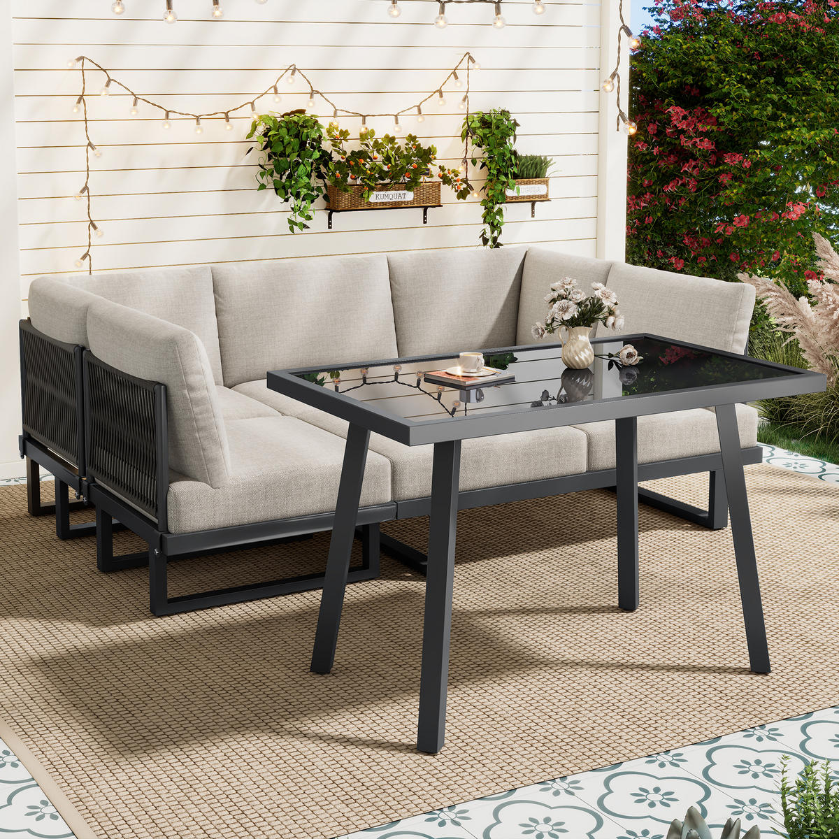 GARTEN-ESSGRUPPE Ecksofa Liegebett Umwandelbar Stahl Graubeige - Grau, Textil - FLIEKS