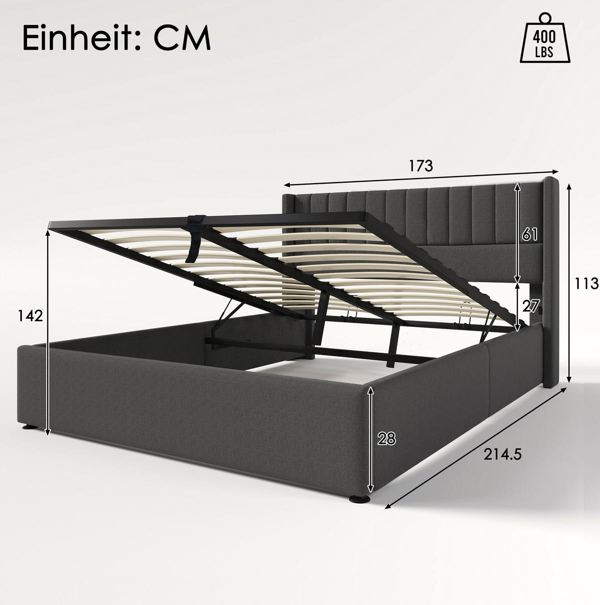 POLSTERBETT 160/200 cm Grau aus Leinen mit Bettkasten - Grau, Textil (160/200cm) - OKMYHOME