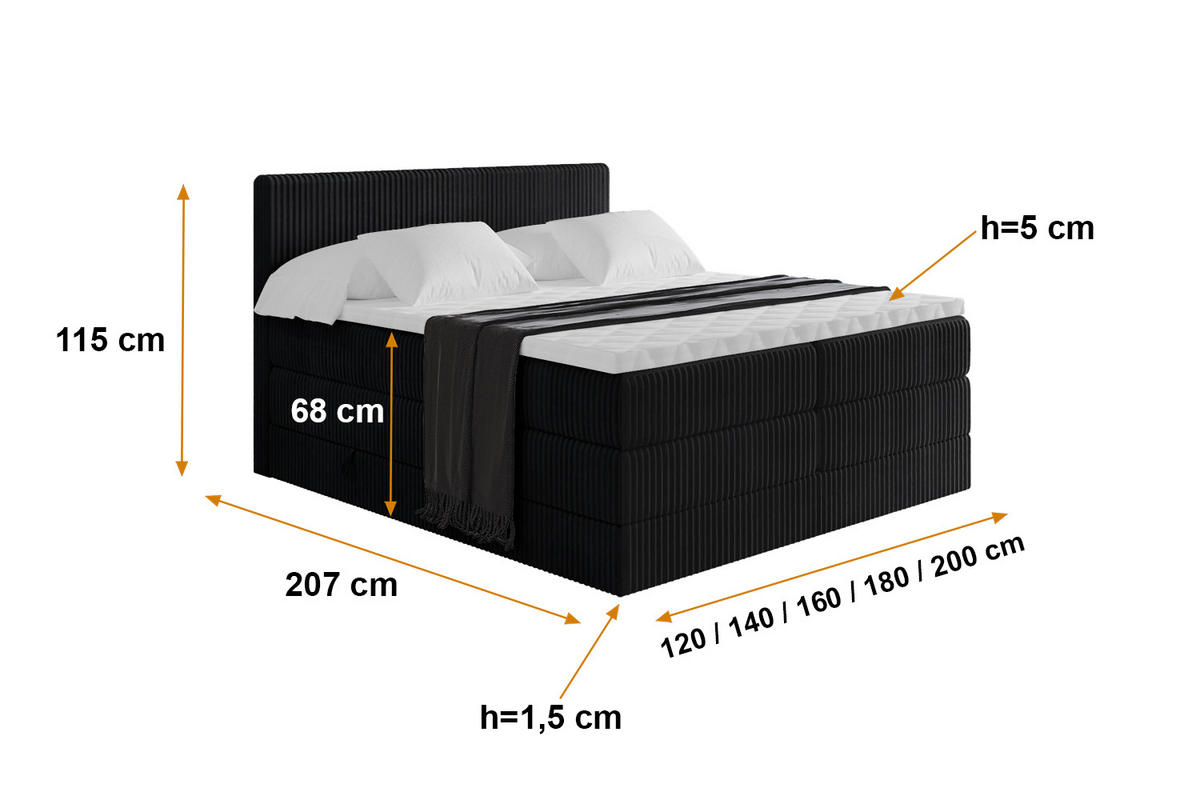 BOXSPRINGBETT mit Matratze H3|H4 und Lattenrost - TOLO KING 140x200 Cord - Schwarz - Schwarz, Holzwerkstoff (140/200cm) - ALTDECOR