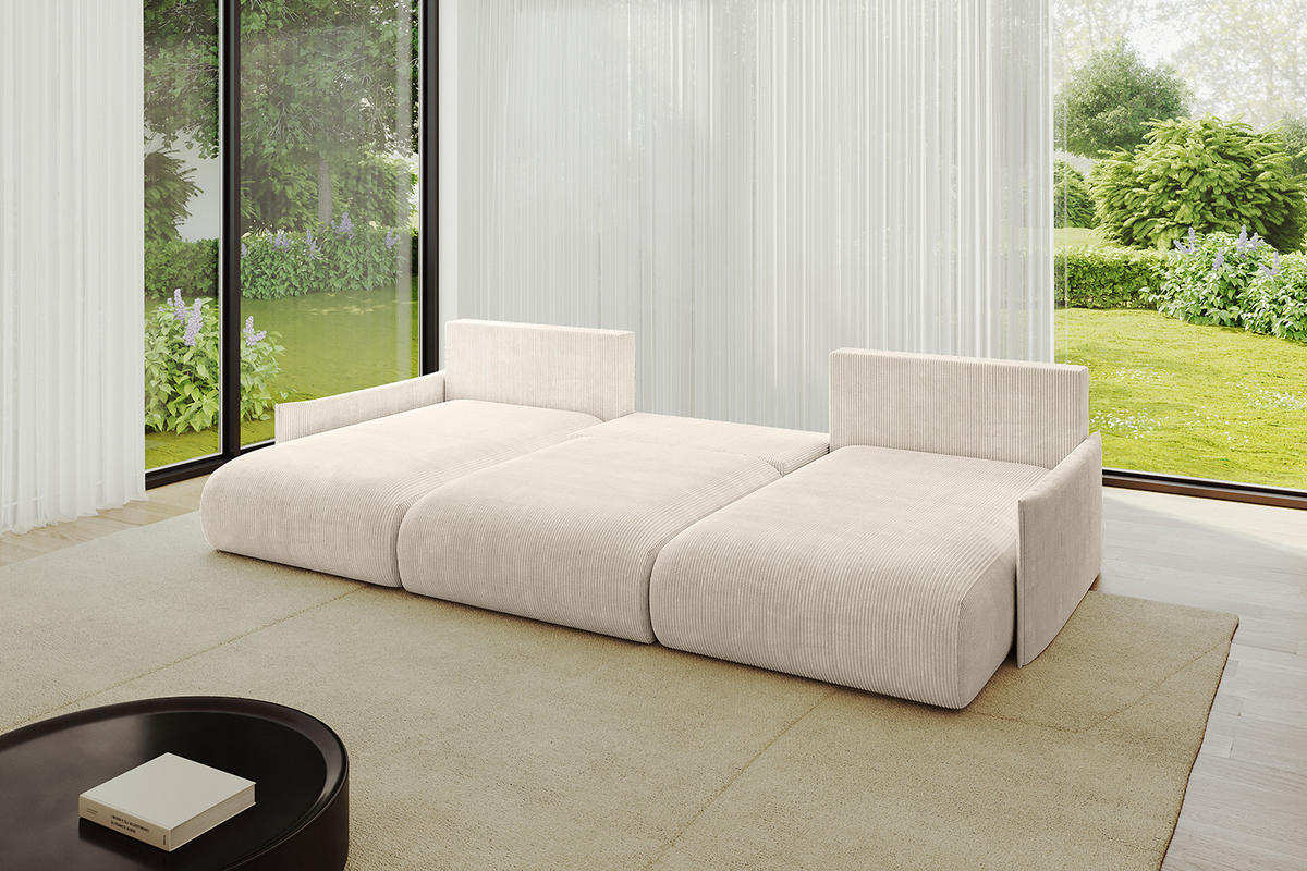 WOHNLANDSCHAFT mit Schlaffunktion und Bettkasten ONESK-U-v1 304x165x40 Beige Cord - Beige, Holzwerkstoff/Kunststoff (304/90/165cm) - ALTDECOR
