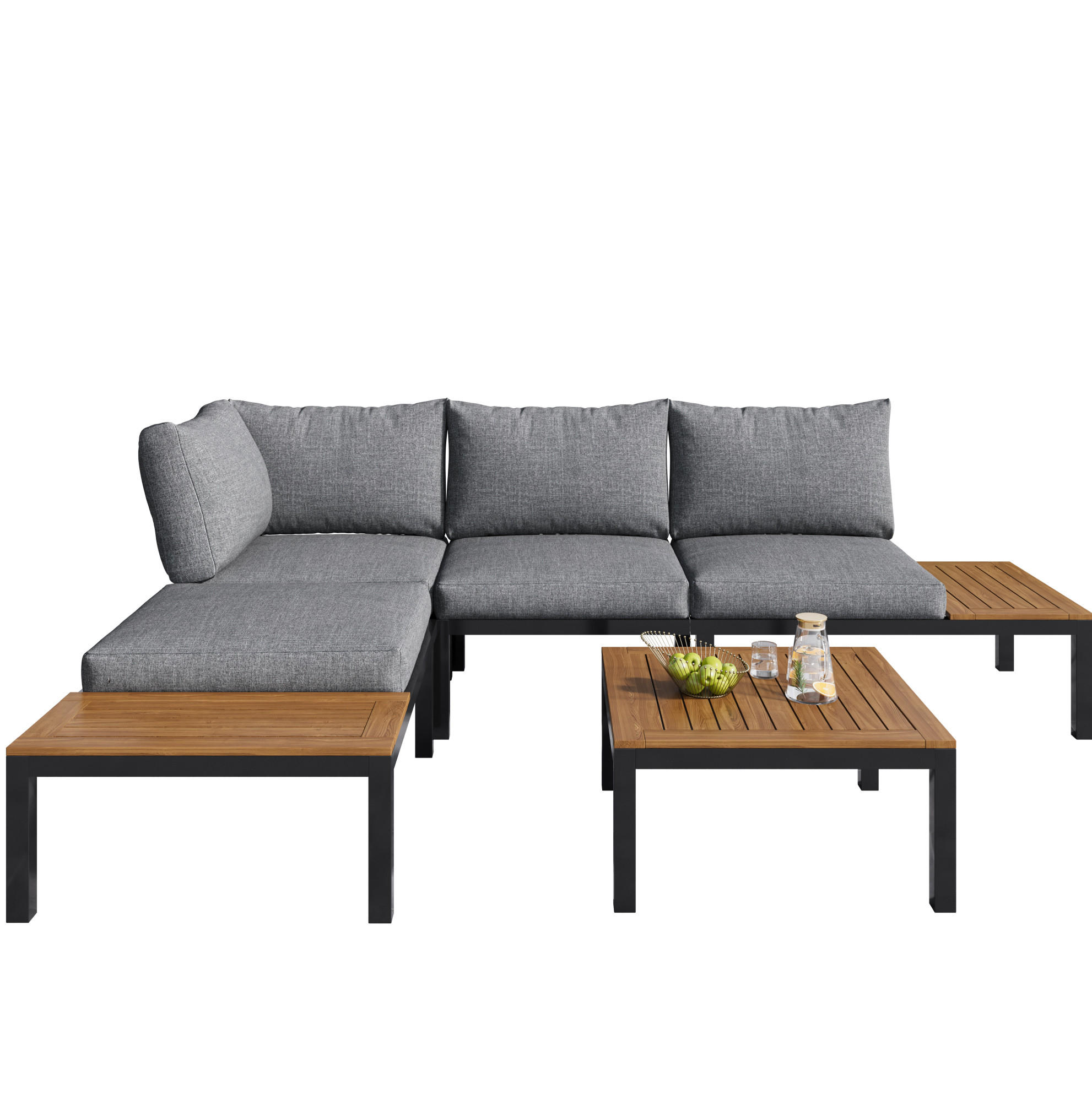 GARTEN-LOUNGE-SET, Stahlrahmen mit Akazie-Optik, 2/ Sofa 120/60/66 cm, Grau - Grau, Metall - Redom