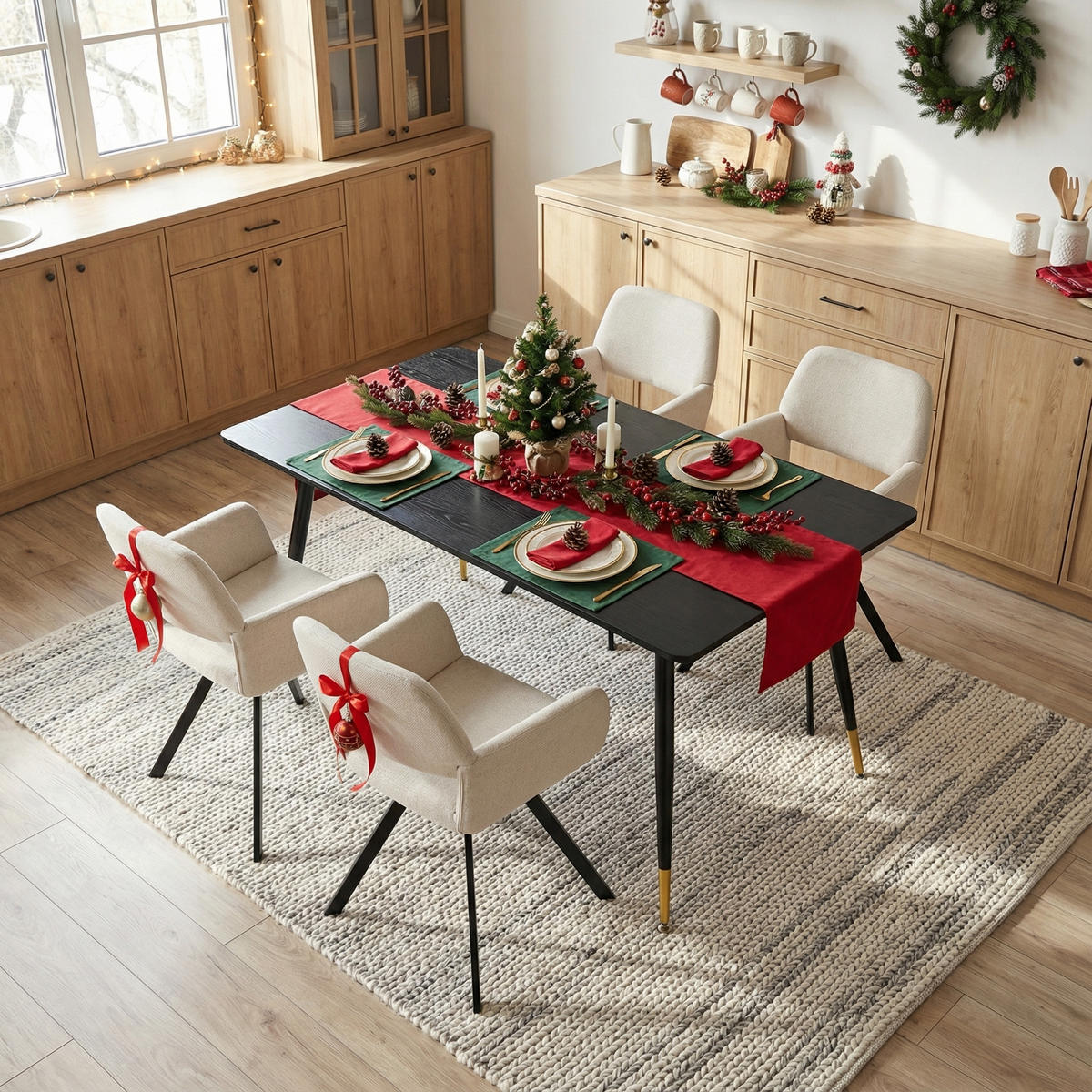 ESSZIMMER SET aus ausziehbarem Tisch und mit 4 drehbaren Stühlen - Beige/Schwarz, Holzwerkstoff/Metall (80/75/160cm) - Urban Meuble