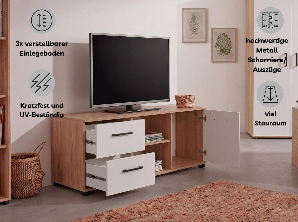 LOWBOARD Fernsehtisch Bente Artisan Oak Weiß - Eichefarben/Schwarz, Holzwerkstoff/Kunststoff (114/51/39cm) - arthur berndt