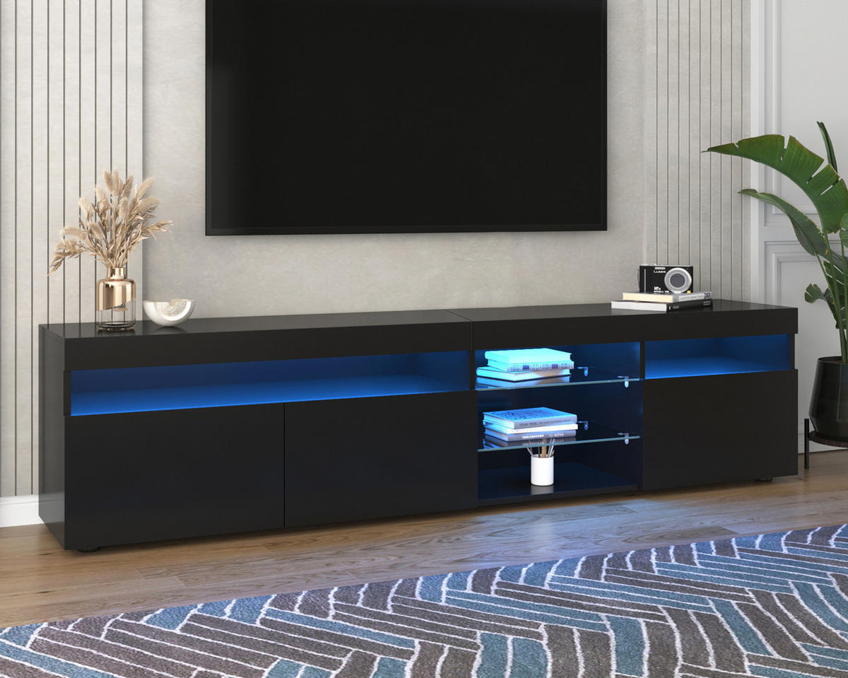 TV-LOWBOARD aus MDF 180x35x48 cm Schwarz mit LED-Beleuchtung und Hochglanz-Front - Schwarz, Holzwerkstoff (180/48/35cm) - Modfu