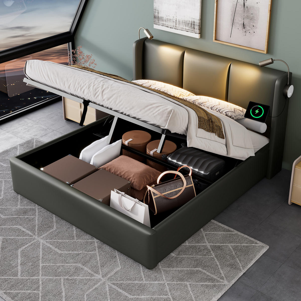 POLSTERBETT 160/200 cm grau mit Stauraum und Leselicht - Grau, Kunststoff (160/200cm) - OKWISH