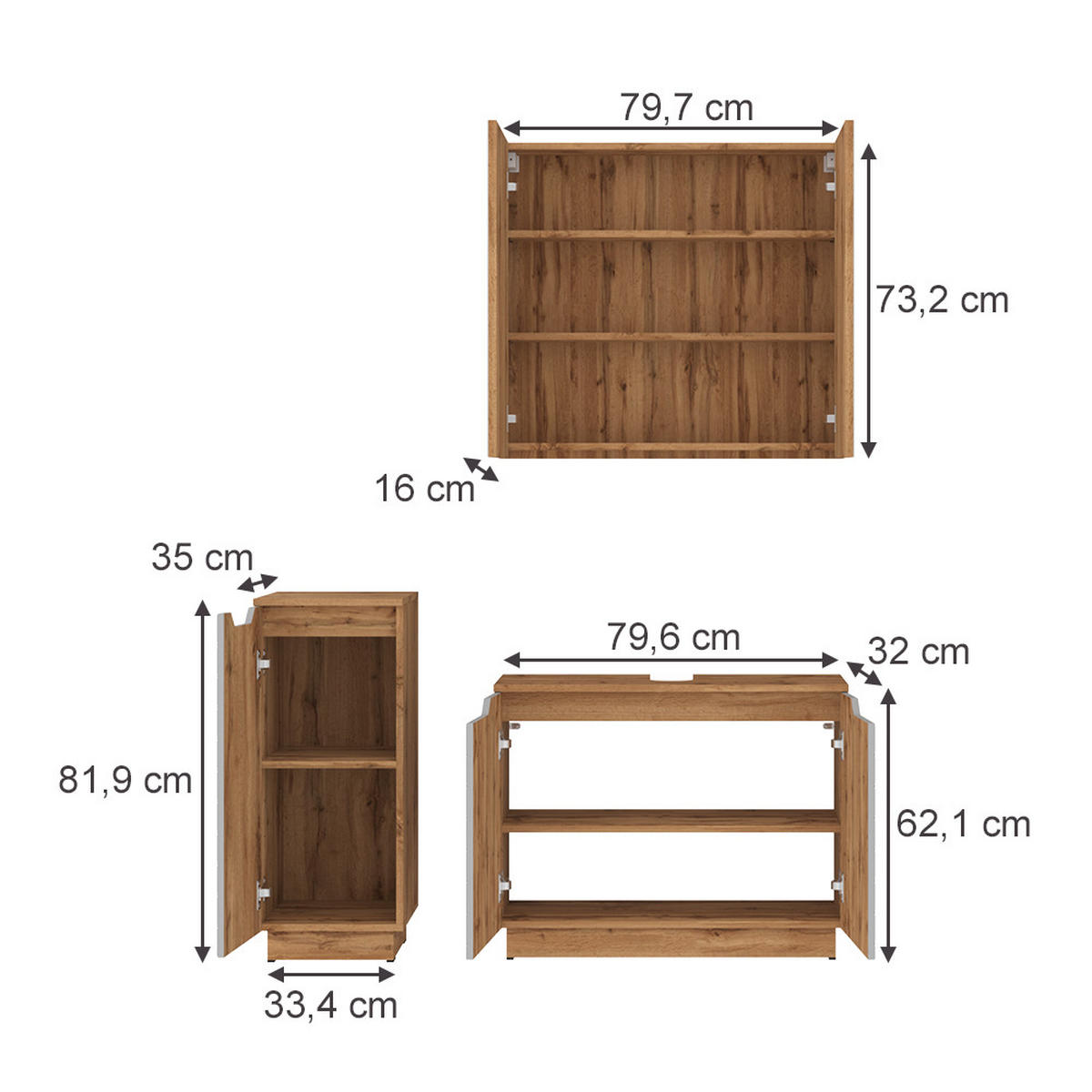 BADMÖBEL-SET Lotta Eiche/Grau mit Kachelstruktur 3 Teile - Grau, Holzwerkstoff (79.6/62.1/32cm) - Vicco