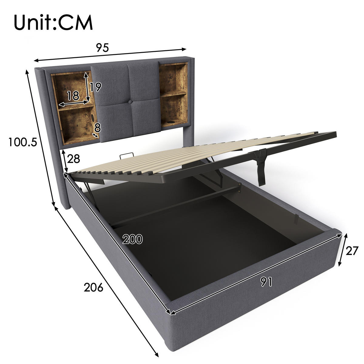 POLSTERBETT 90/200 cm Grau aus Baumwolle mit Stauraum - Grau, Textil (90/200cm) - OKMYHOME