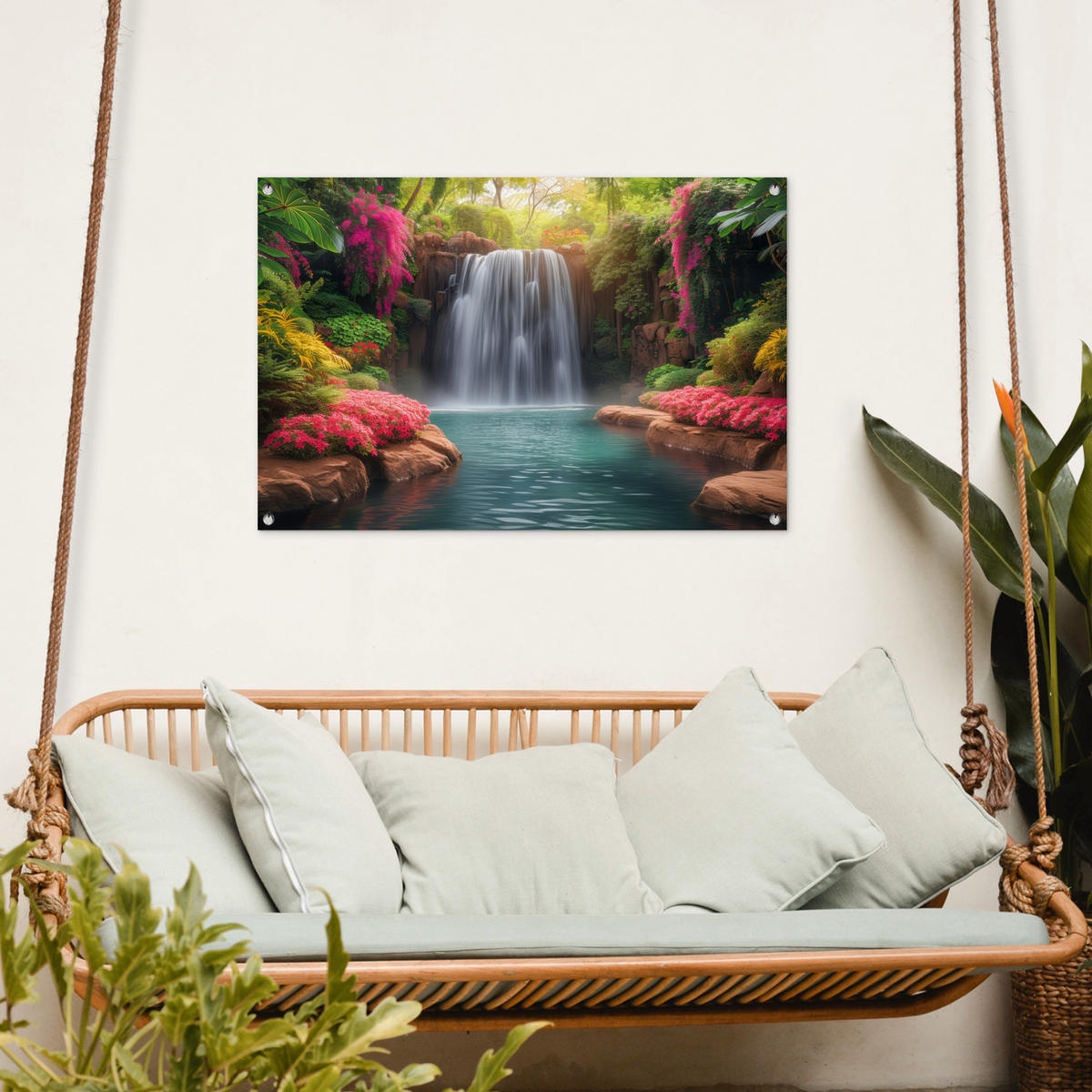 ZAHRADNÍ PLAKÁT Vodopád - Příroda - Rostliny - Džungle - Voda 90x60 cm - zelená barva, plast (90/60/0.2cm) - OnlyWow