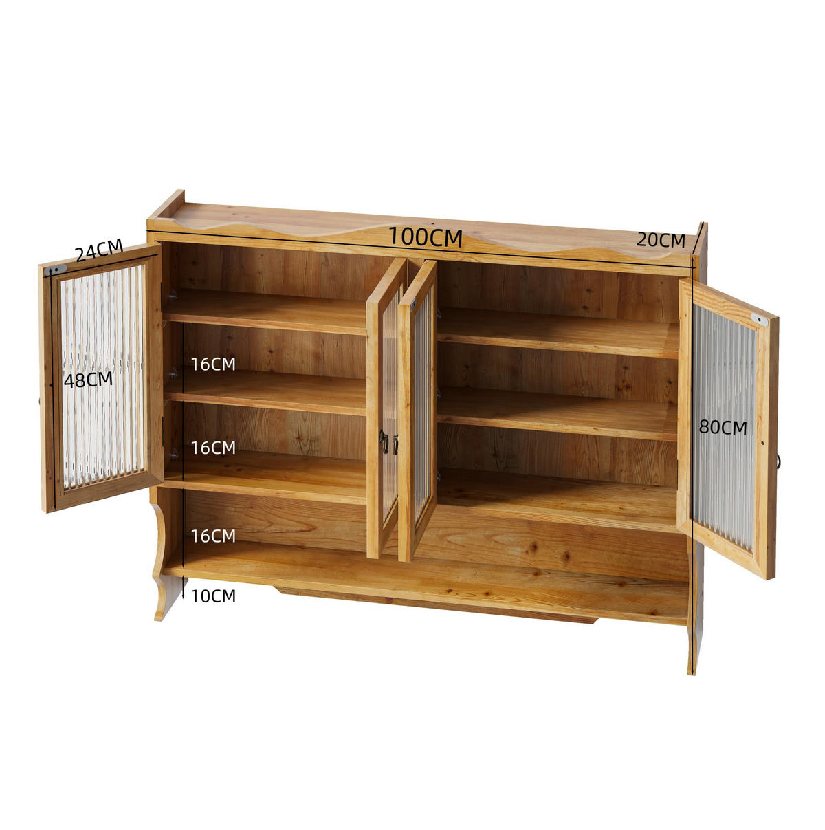 KÜCHENOBERSCHRANK 100x20x80 cm Naturfarben aus Massivholz & Glas mit 4 Türen & Haken - Naturfarben, Holz (100/80/20cm) - Modfu