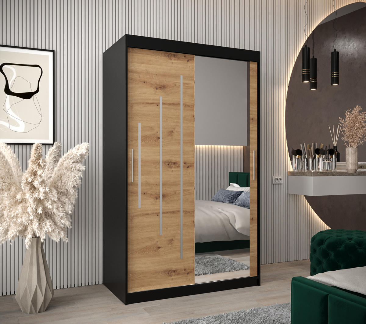 SCHWEBETÜRENSCHRANK 200/120/62 2-türig - Silberfarben/Schwarz, Holz/Kunststoff (120/200/62cm) - Abiks Möbel