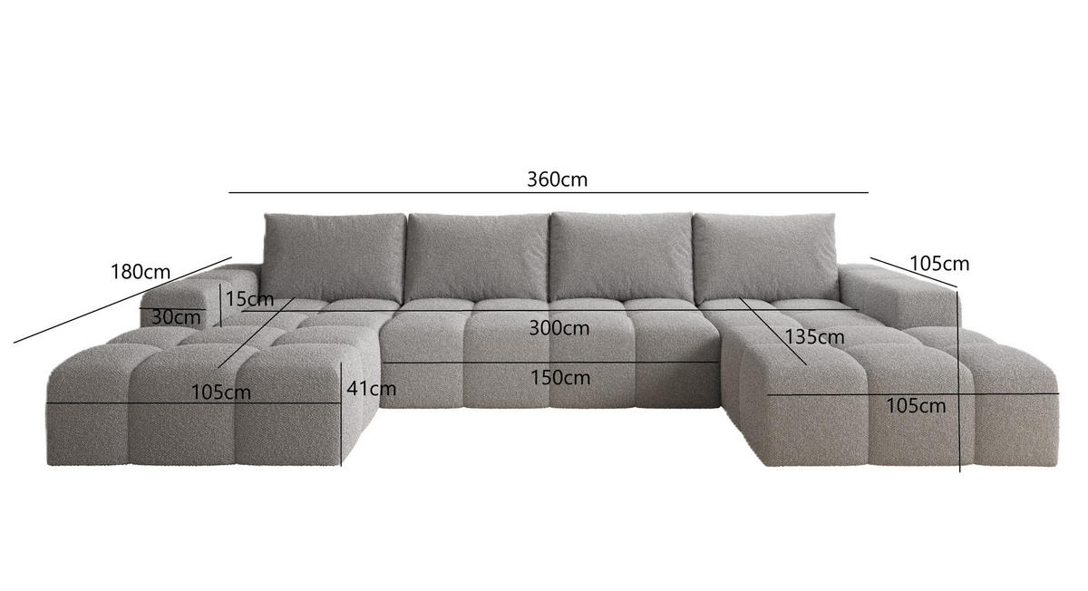 WOHNLANDSCHAFT Cento, Couch U-Form, Webstoff, 360x57x180 cm, Dunkelgrau - Grau, Holz (360/56/180cm) - PROMETO Möbel
