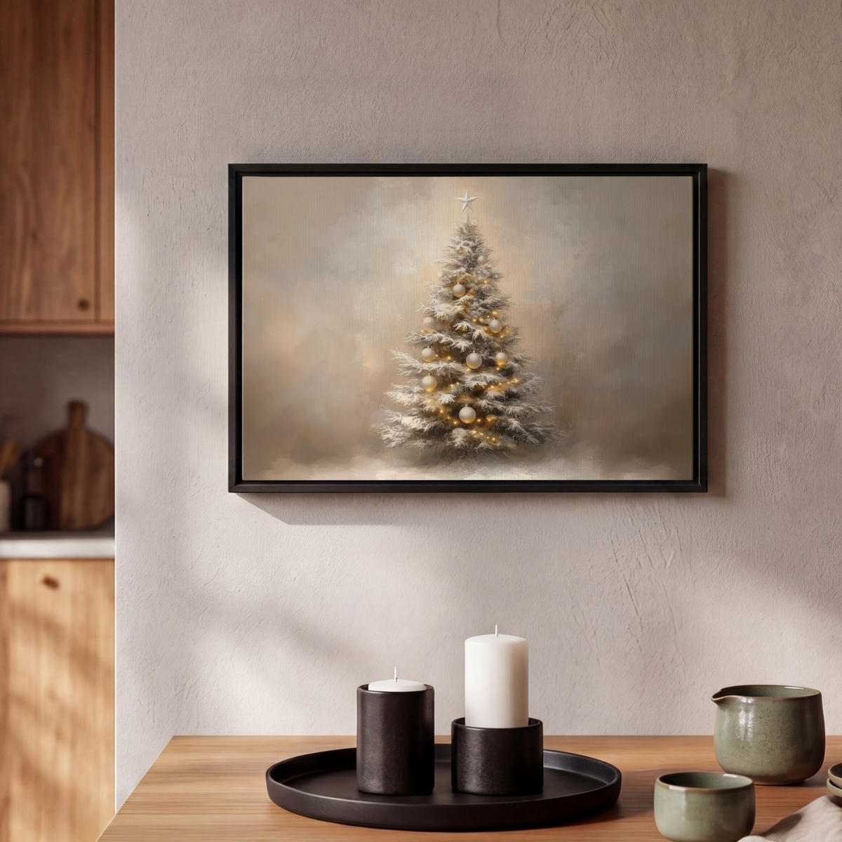 LEINWAND Bilder mit Rahmen - Weihnachten - Weihnachtsbaum - Schnee - Kunst - 30x20 - Champagner, Textil (30/20cm) - MuchoWow