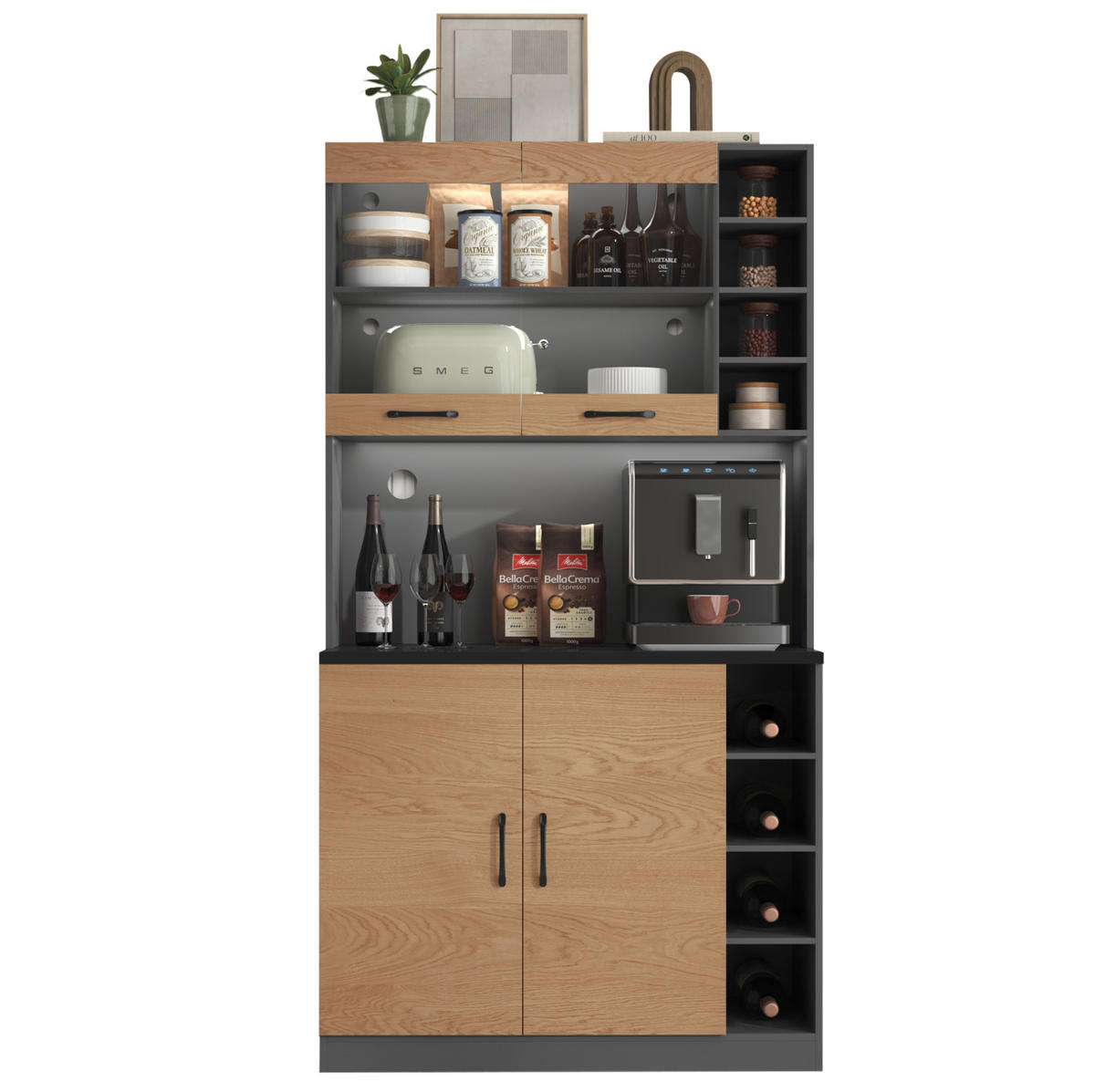 BUFFET Aufbewahrungsschrank 100x47x187cm Natur mit Glas & LED Beleuchtung - Naturfarben, Holzwerkstoff (100/187/47cm) - Modfu