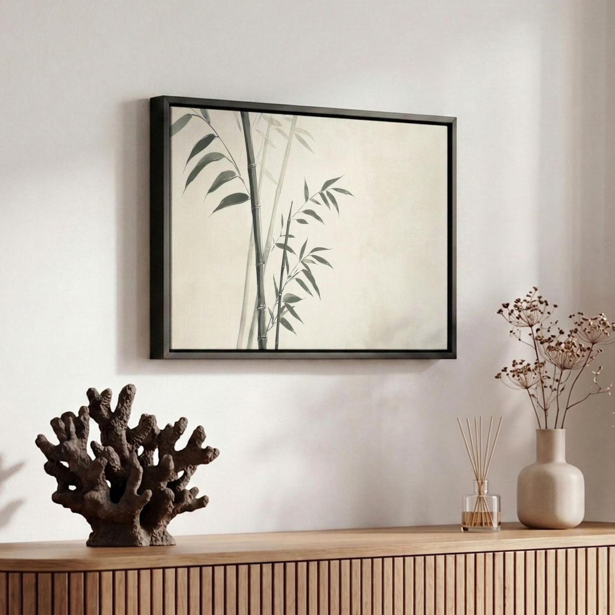 LEINWAND Bilder mit Rahmen - Japandi - Bambus - Beige - 30x20 - Eukalyptusholzfarben, Textil (30/20cm) - MuchoWow