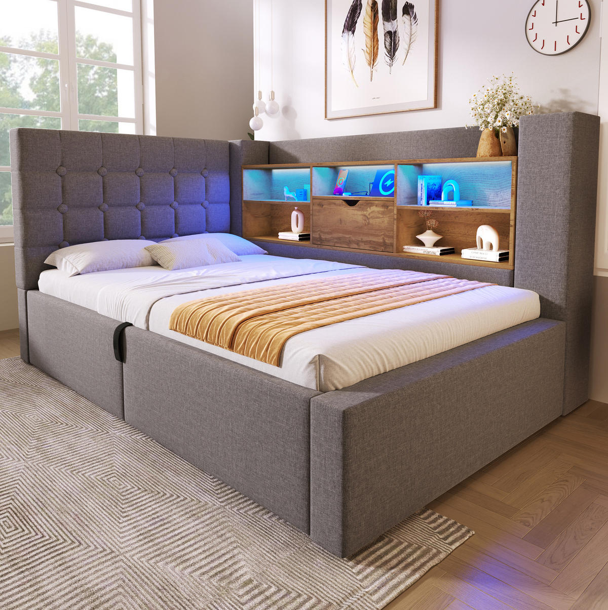 POLSTERBETT 90/200 cm grau aus Leinen mit LED und Stauraum - Grau, Textil (90/200cm) - OKWISH