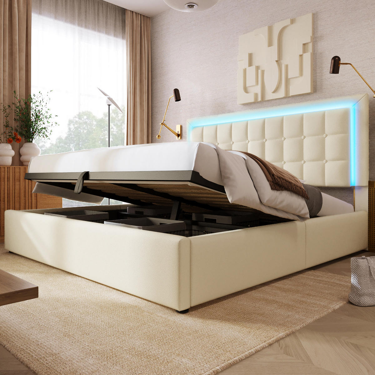 POLSTERBETT 160/200 cm mit LED-Beleuchtung, hydraulischem Stauraum, Kunstlederbezug und Matratze, Weiß - Weiß, Kunststoff (160/200cm) - Redom