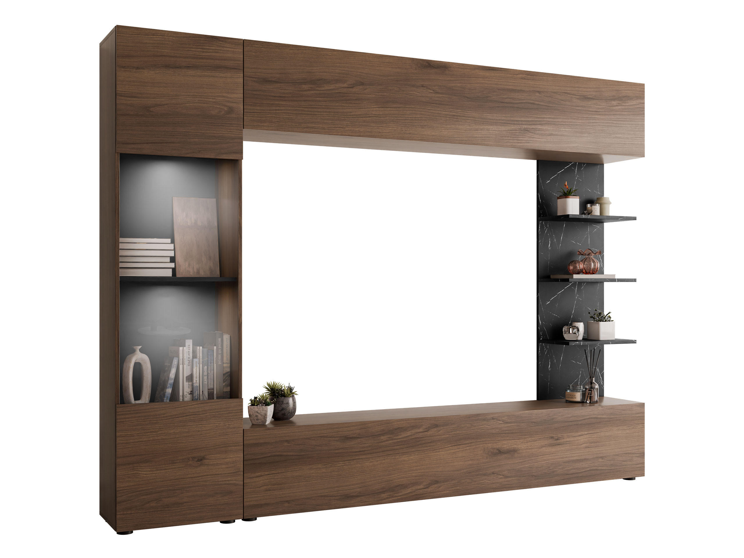 WOHNWAND Lazando, mit weißer LED Beleuchtung - Nussbaumfarben/Schwarz, Holzwerkstoff (250/187/30cm) - MIRJAN24