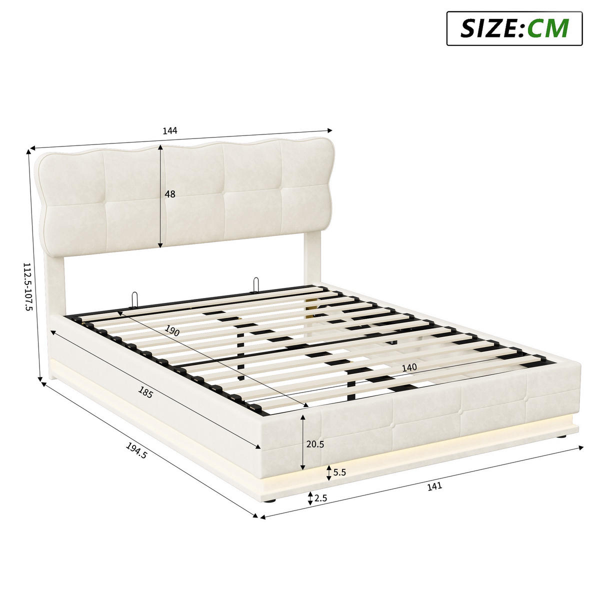 POLSTERBETT 140/190cm, mit LED, hydraulischem Stauraum, Lattenrost, gepolstertem Bett aus Samt, Beige - Beige, Holzwerkstoff (140/190cm) - Brevoria