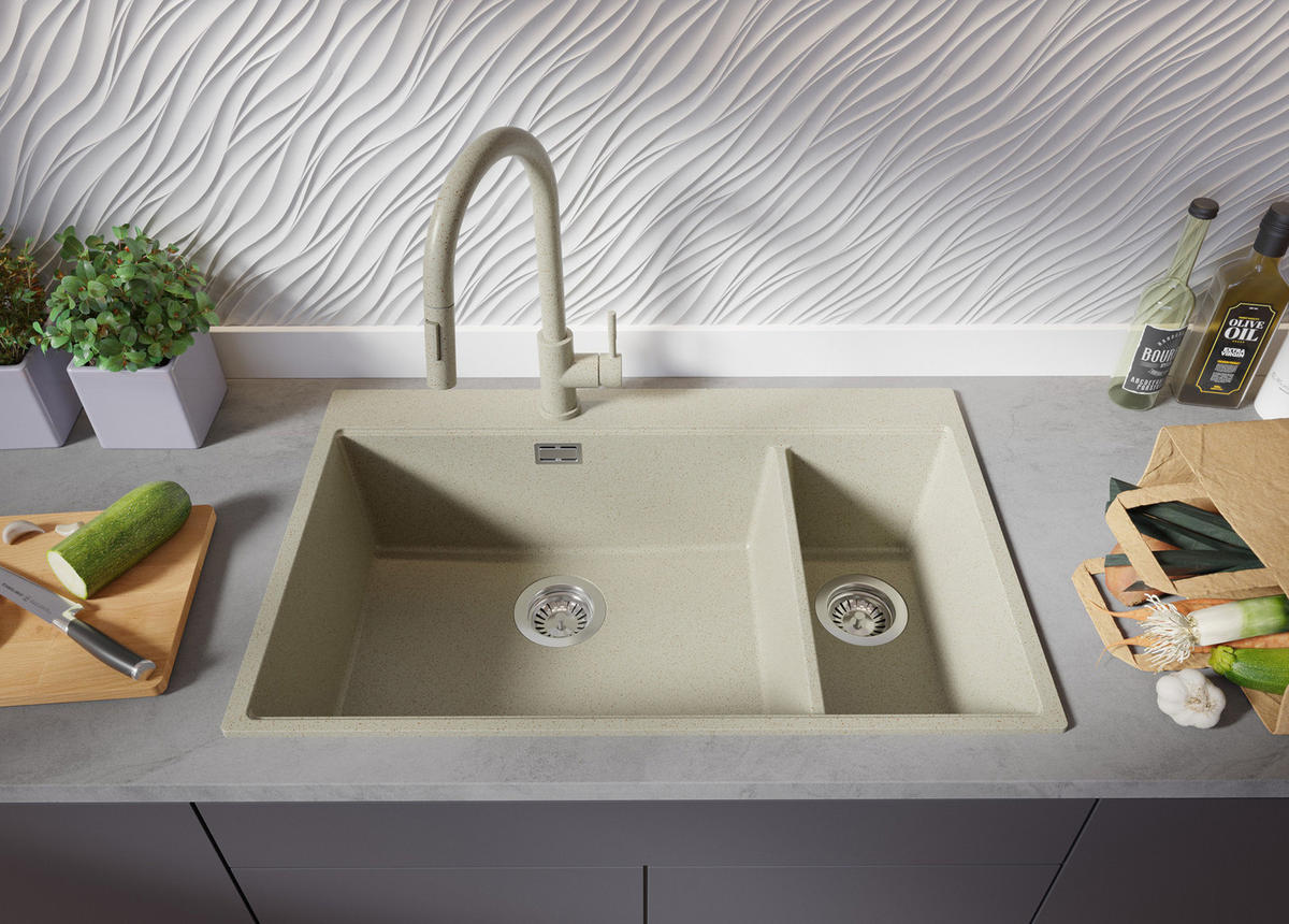 GRANITSPÜLE Oslo Duo, 2-er set Beige 78/50 cm 2 Becken + Küchenarmatur 32/20 cm + Ablauf-Set + Schneidebrett ab 80er Unterschrank - Chromfarben/Beige, Kunststoff (78/20/50cm) - Primagran