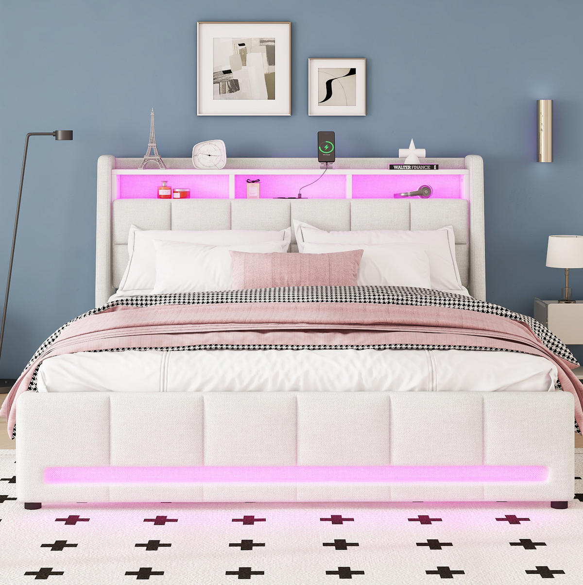 POLNJENA postelja iz lanu in MDF 140x200 cm bež z LED osvetlitvijo, USB priključkom in predali - bež, tekstil (140/200cm) - Modfu