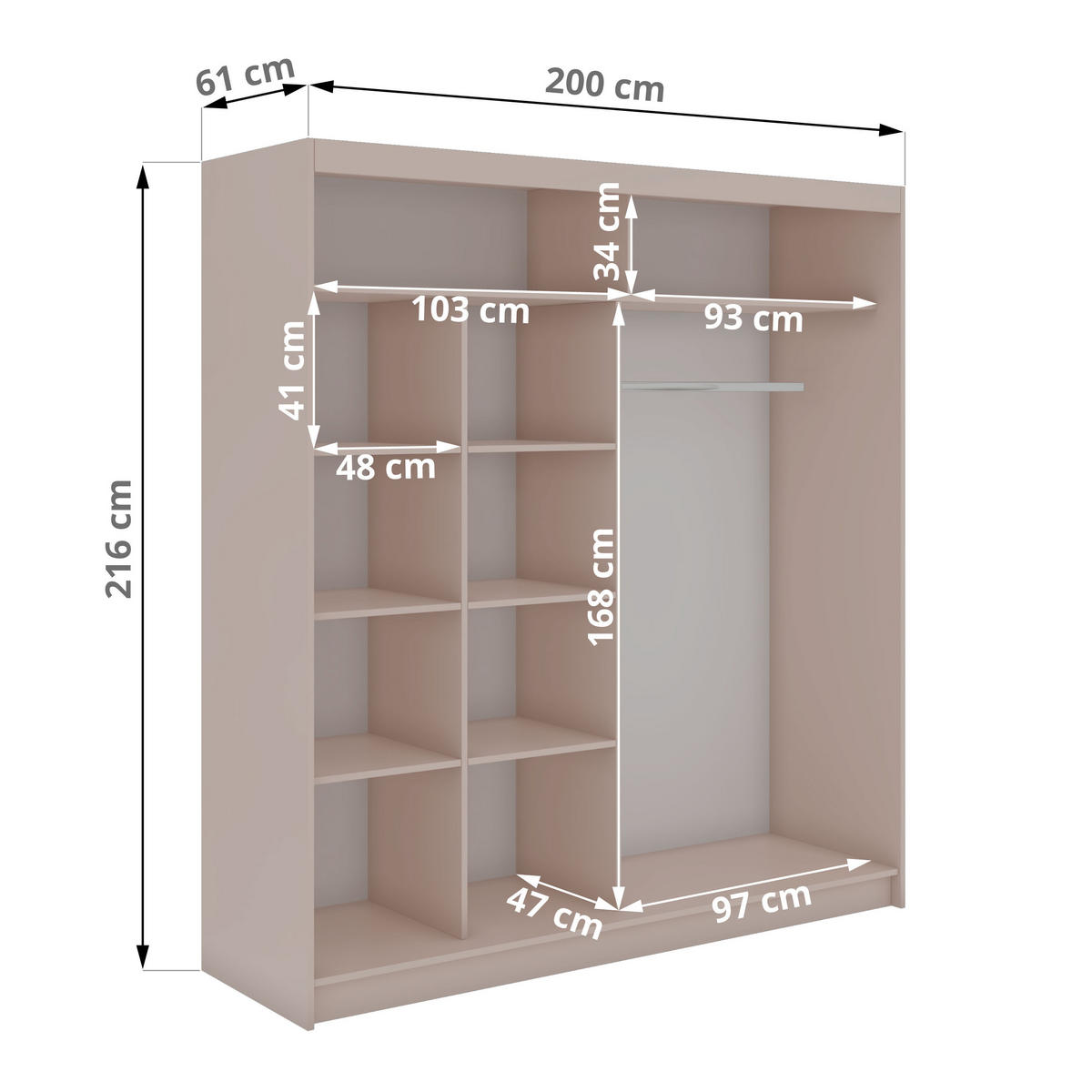 SCHWEBETÜRENSCHRANK mit Spiegel - WALENCJA - 200 - Kaschmir-Grau lacobel - Kaschmir/Alufarben, Holzwerkstoff/Metall (200/216/61cm) - MKS