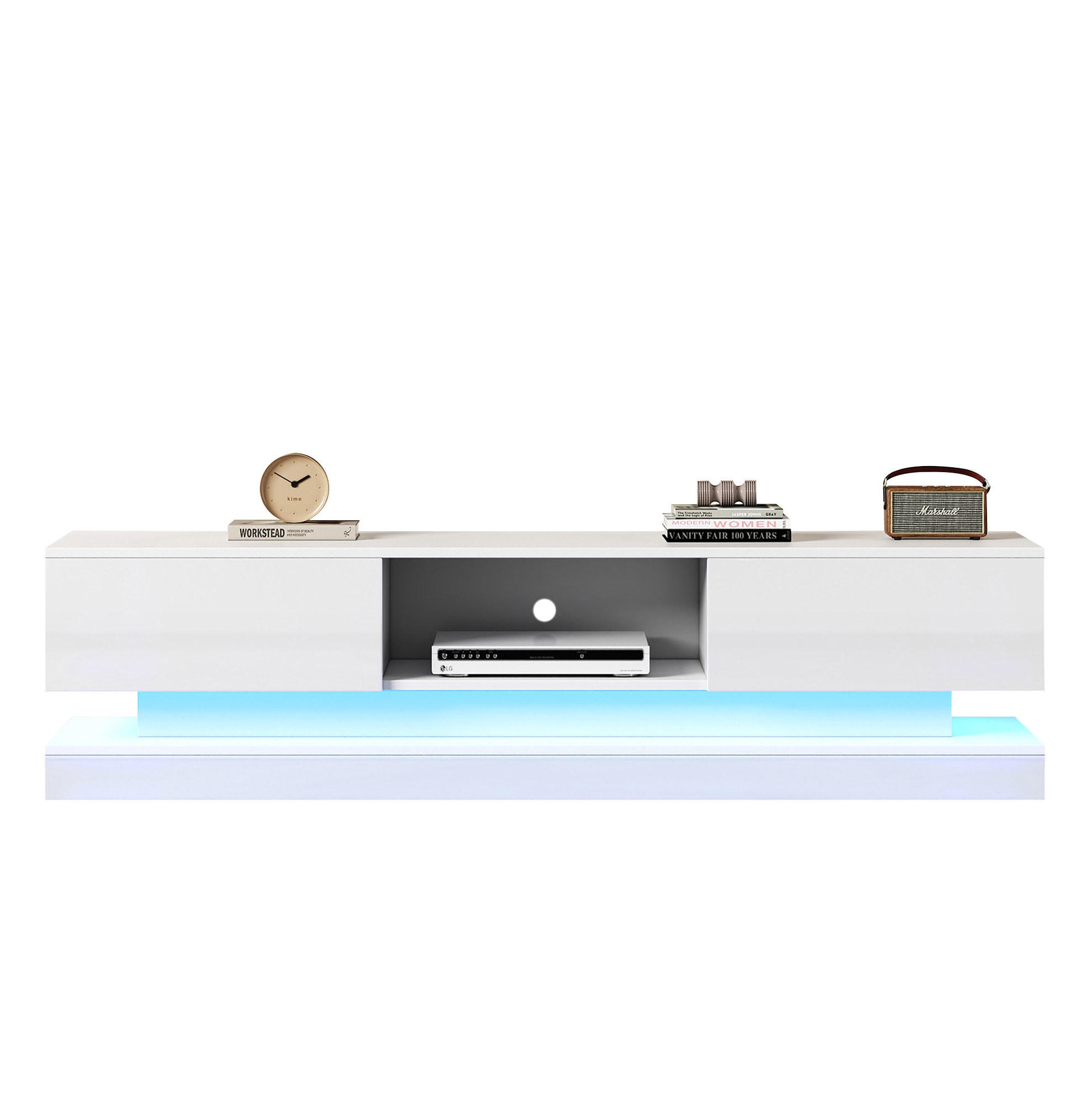 TV-LOWBOARD aus Spanplatte 160x35x40,5 cm Weiß mit LED-Beleuchtung, 2 Schubladen, App-Steuerung und Kabelmanagement - Weiß, Holzwerkstoff (160/40.5/35cm) - Modfu