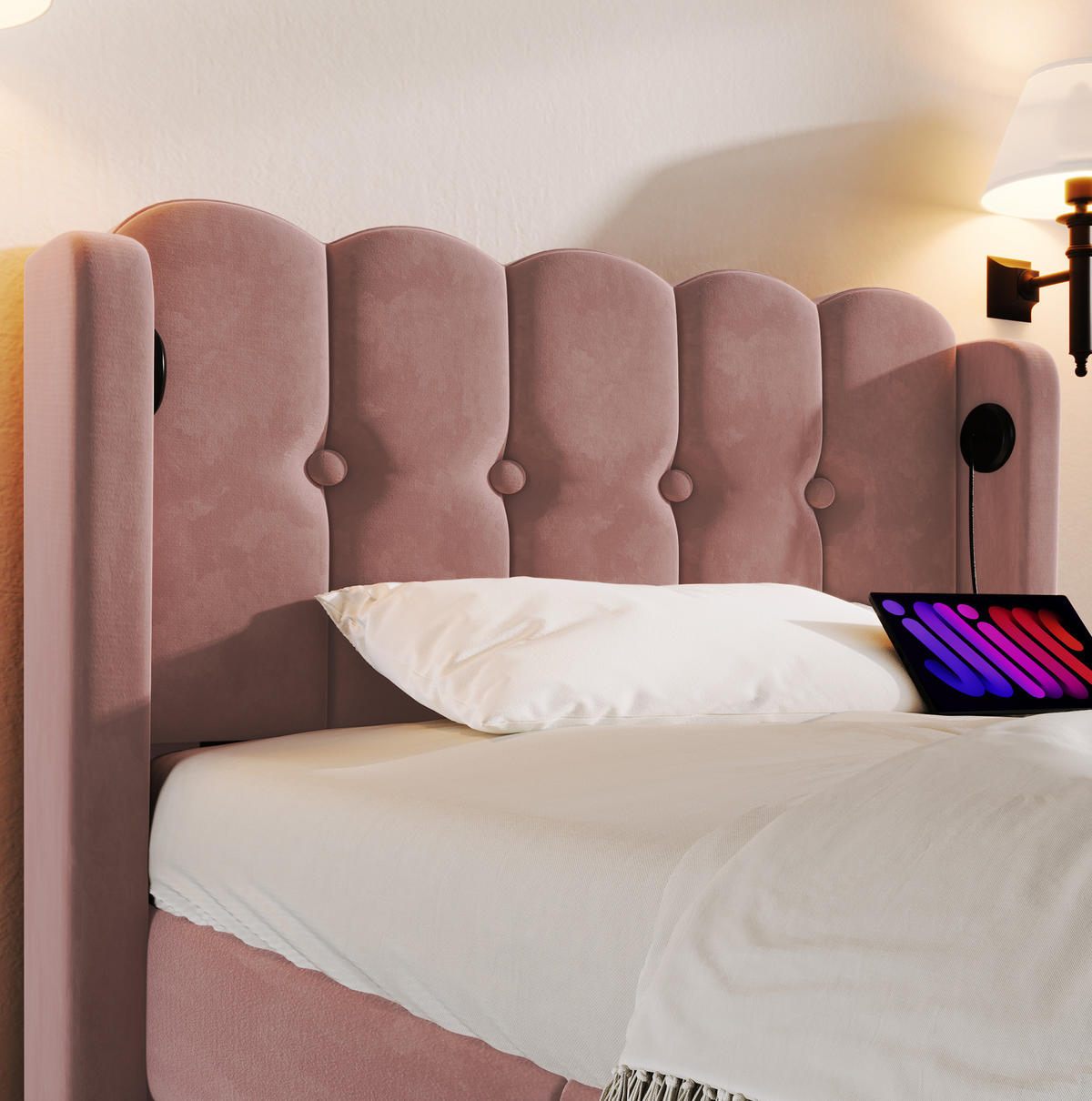 SAMT-POLSTERBETT 90/200 cm Rosa mit USB-C, Lattenrost und gepolstertem Kopfteil - Rosa, Textil (90/200cm) - BEAOK