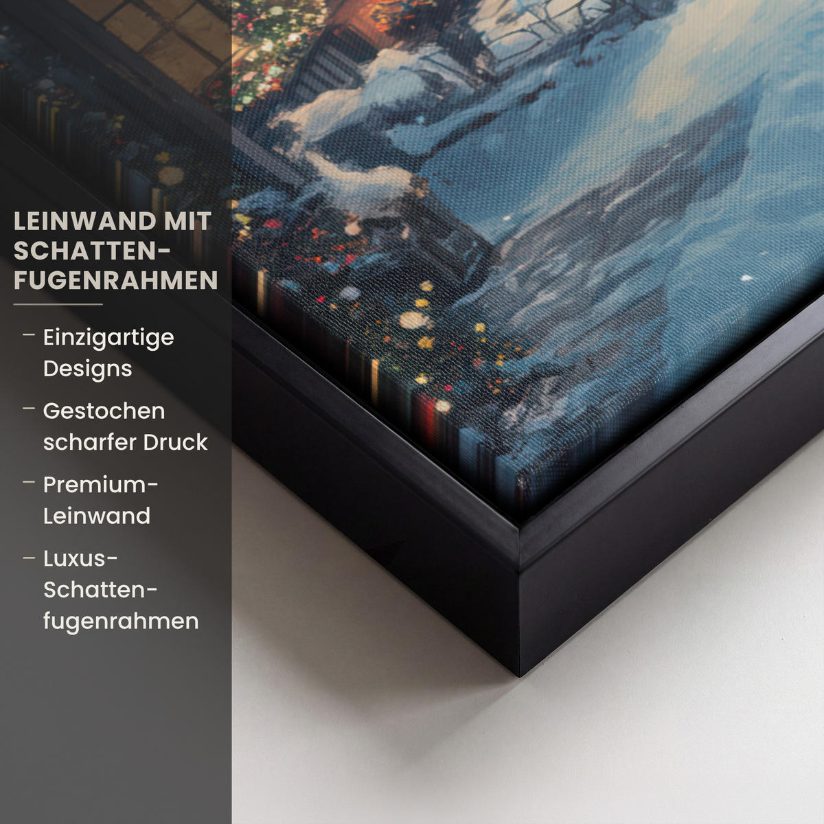 LEINWAND Bilder mit Rahmen - Weihnachtsdorf - Weihnachten - Schnee - Winter - 70x50 - Dunkelblau, Textil (70/50cm) - MuchoWow