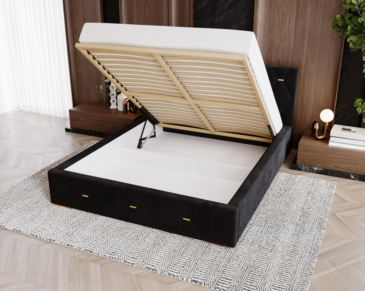 POLSTERBETT Golden Premium 200x200 cm, Doppelbett mit Bettkasten und Lattenrost aus Holz, Velourstoff: Schwarz - Schwarz, Holz/Textil (200/200cm) - Marpur