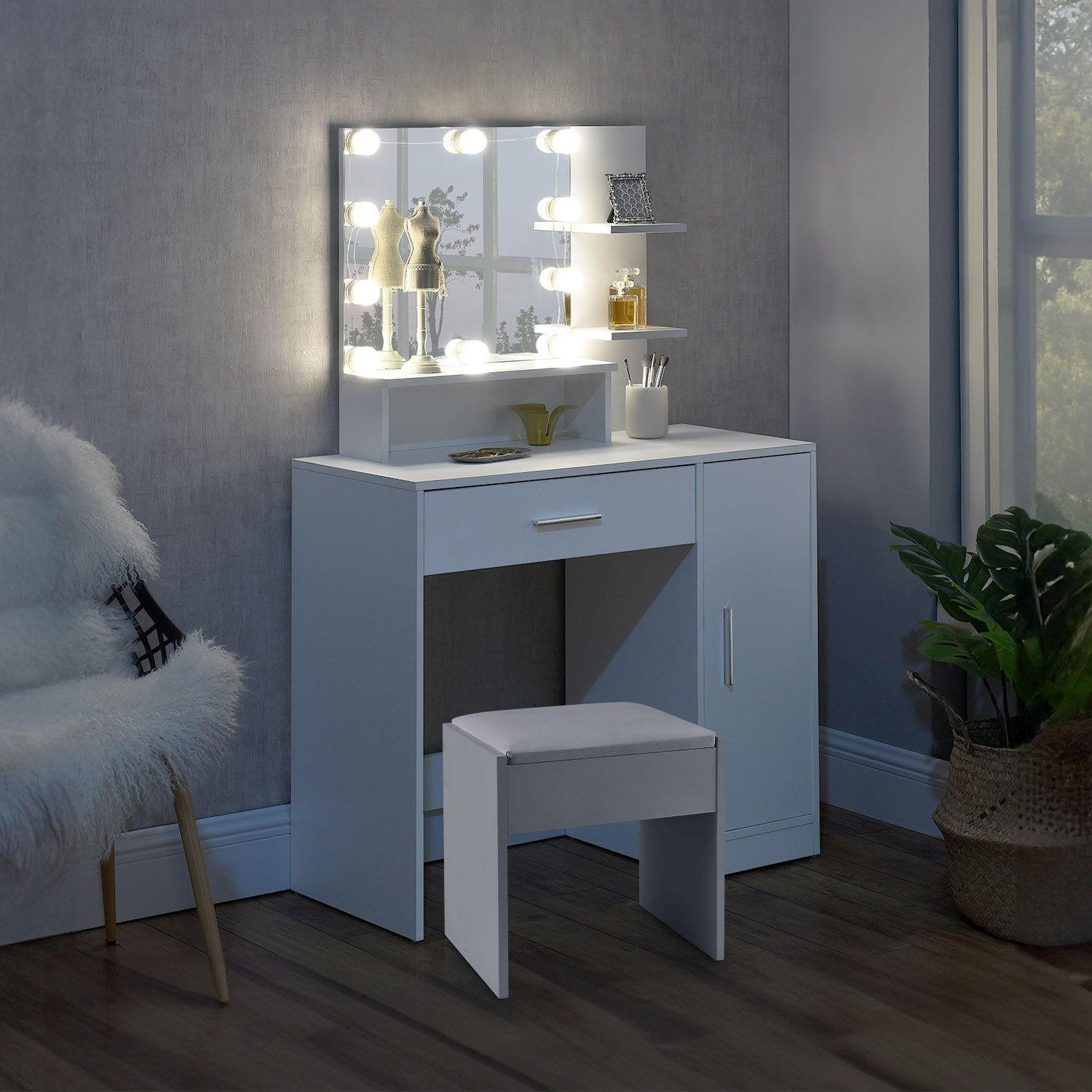 SCHMINKTISCH Zoey mit Schrank und Hocker Melly - Weiß, Holz (38/137/90cm) - Juskys