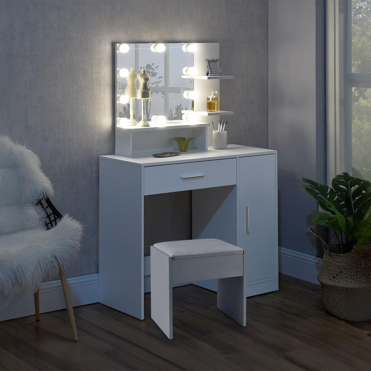 SCHMINKTISCH Zoey mit Schrank und Hocker Melly - Weiß, Holz (38/137/90cm) - Juskys