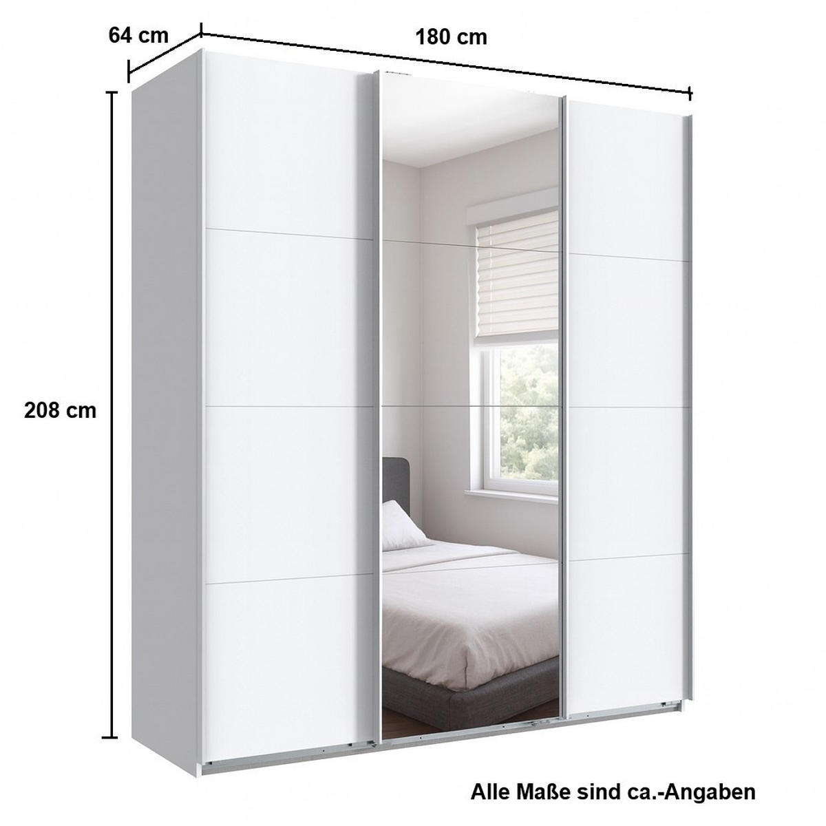 SCHWEBETÜRENSCHRANK 3-türig in Weiß, eine Tür mit Spiegel, B180/H208/T64 cm / 22511 - Weiß, Holzwerkstoff/Metall (180/208/64cm) - luma-home