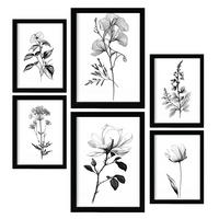 POSTER Set Mit 6 Üppige Blumen Natur Und Botanikdrucke Mit Blumenmotiven In Klassischem Schwarz Und Weiß Innenarchitektur A3 & A4 Schwarzer Rahmen - Schwarz, Papier (29/3cm) - Nacnic