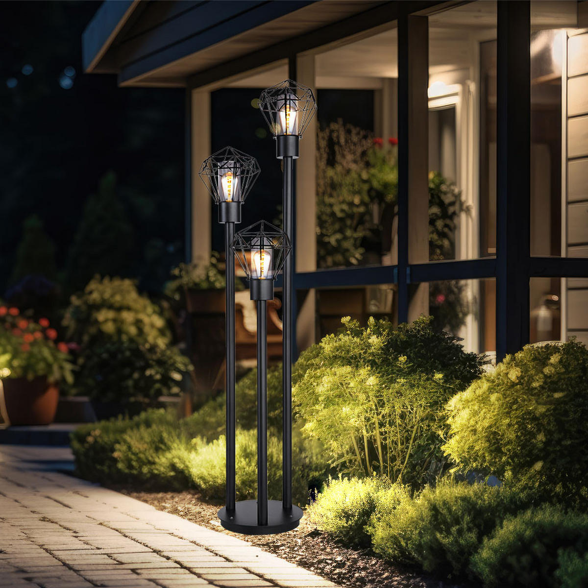 STEHLEUCHTE Metall Schwarz Gitter 3 flammig - Schwarz, Metall (44.2/44.5/170cm) - Globo Lighting