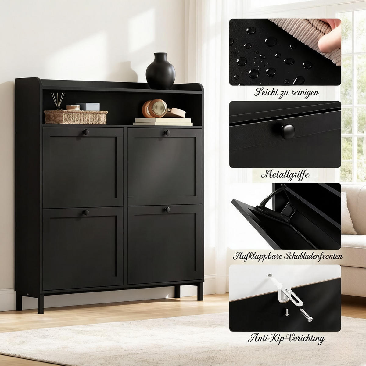 SCHUHKIPPER DE-38079 100/19,5/107 cm mit 4 Klappfächern Schwarz - Schwarz, Holzwerkstoff (100/107/19.5cm) - ComfortXL