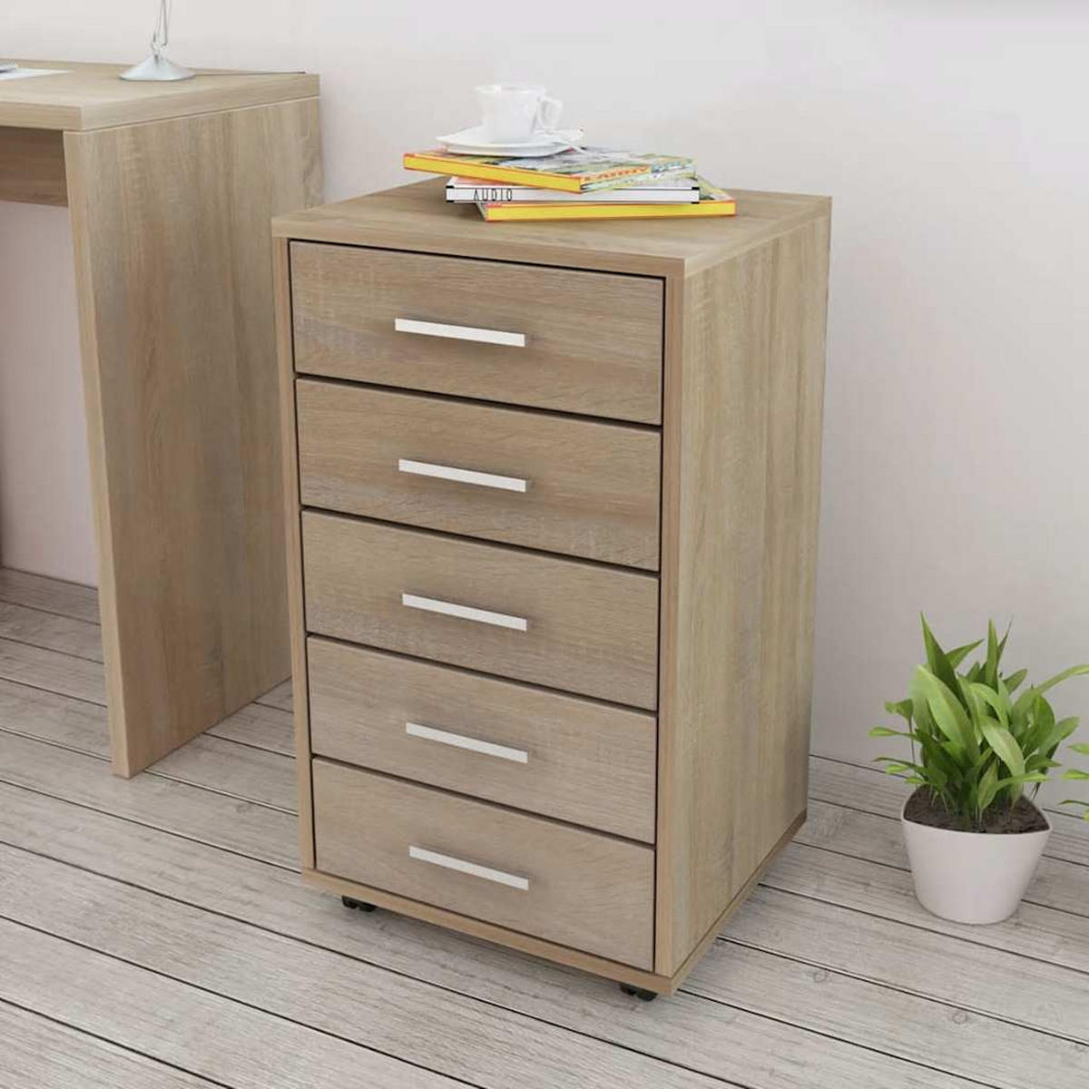 BÜROSCHUBLADENSCHRANK Auf Rollen 5 Schubladen Eiche - Braun, Holz (38/63/33cm) - vidaXL