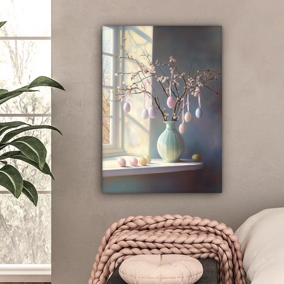 LEINWANDBILD Stillleben - Vase - Osterzweig Wandbild Wohnzimmer 60x80 cm - Hellblau, Textil (60/80cm) - MuchoWow