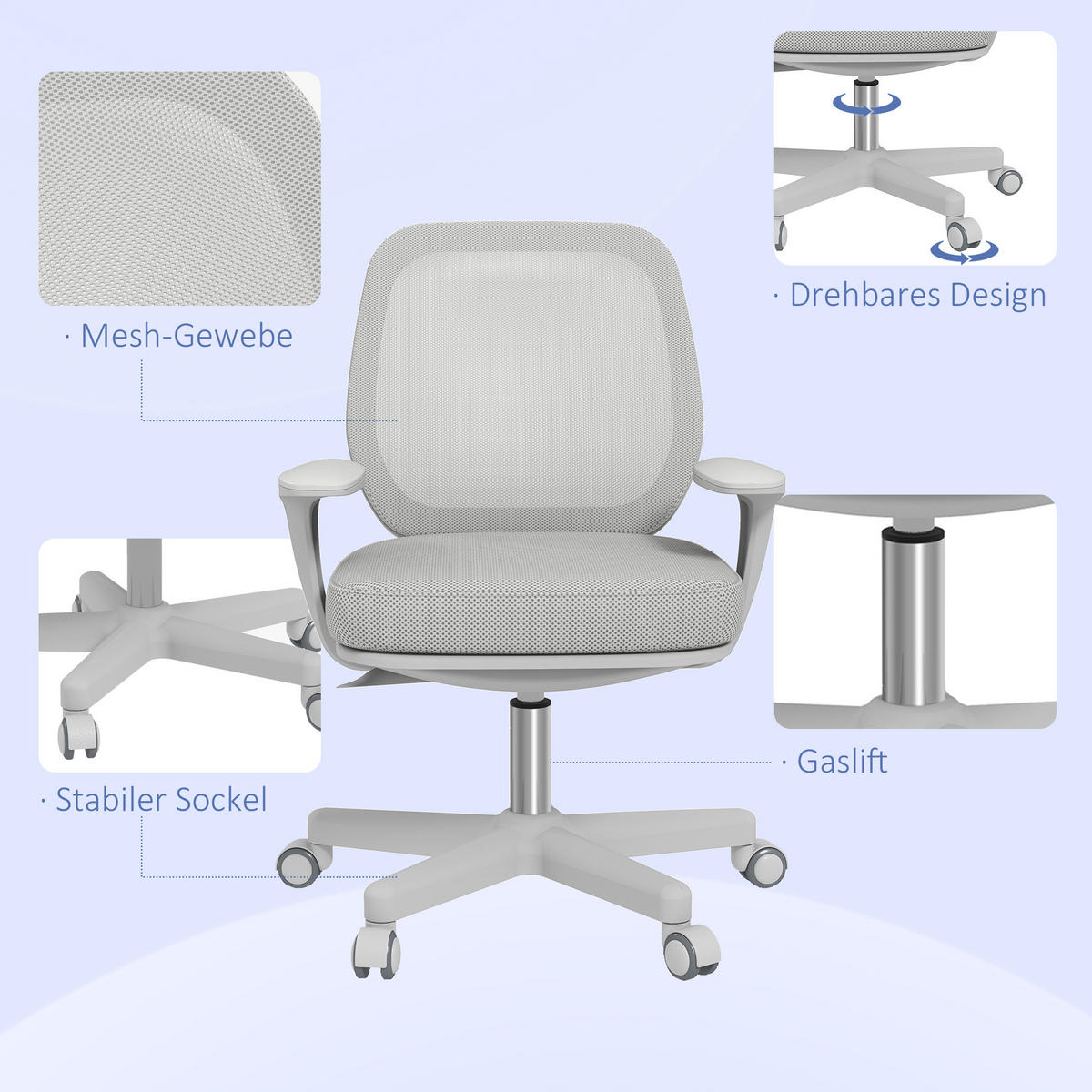 BÜROSTUHL, Ergonomisch Schreibtischstuhl mit Drehfunktion, Höhenverstellbar - Weiß/Grau, Kunststoff (48/94.5/55cm) - Vinsetto