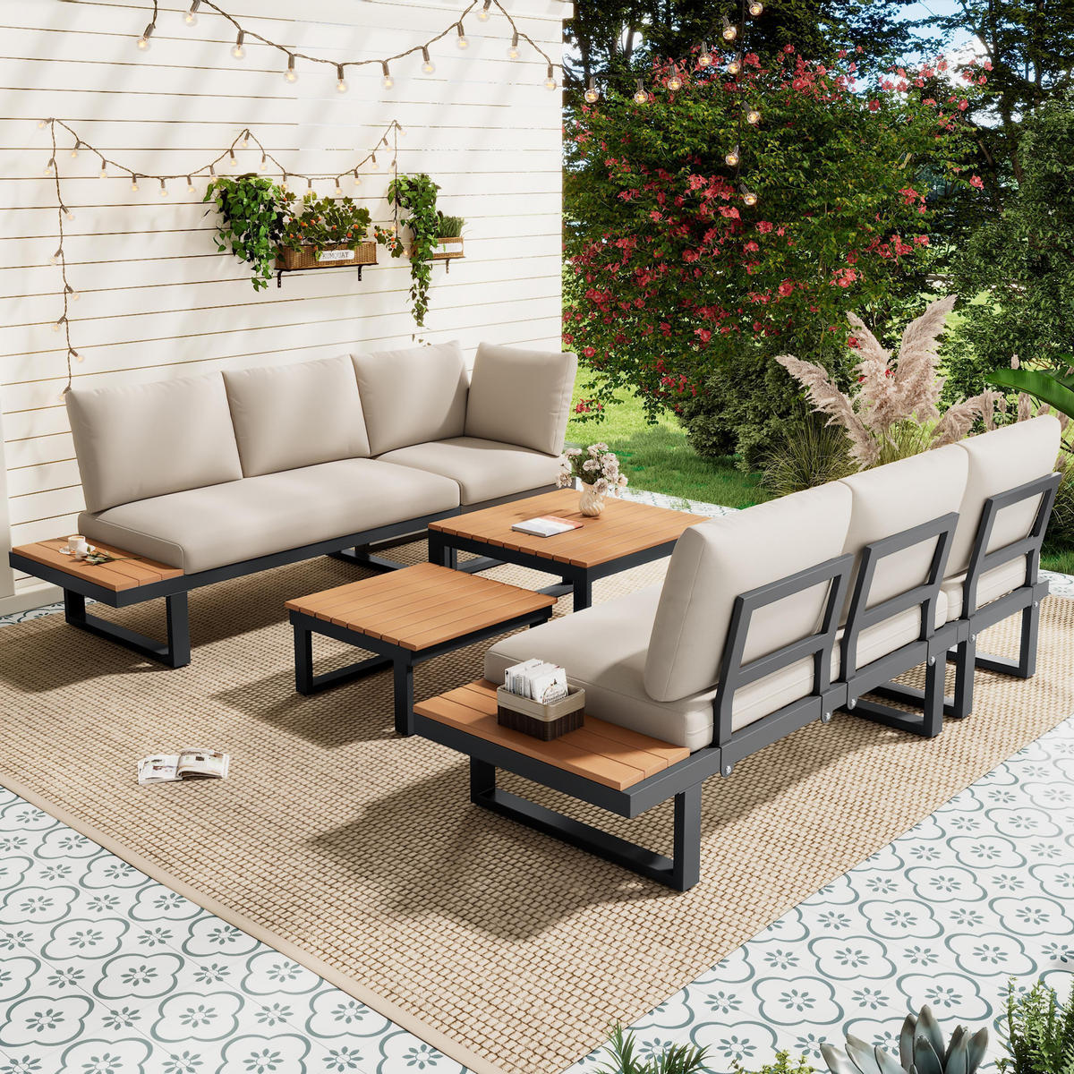 LOUNGEGARNITUR mit zwei Couchtischen, Beige + Grau - Beige, Metall - KOMHTOM