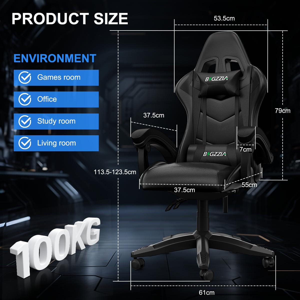 GAMINGSTUHL Schwarz mit Bluetooth Lautsprechern ergonomisch höhenverstellbar - Schwarz, Metall (66/124/58cm) - Rattrix